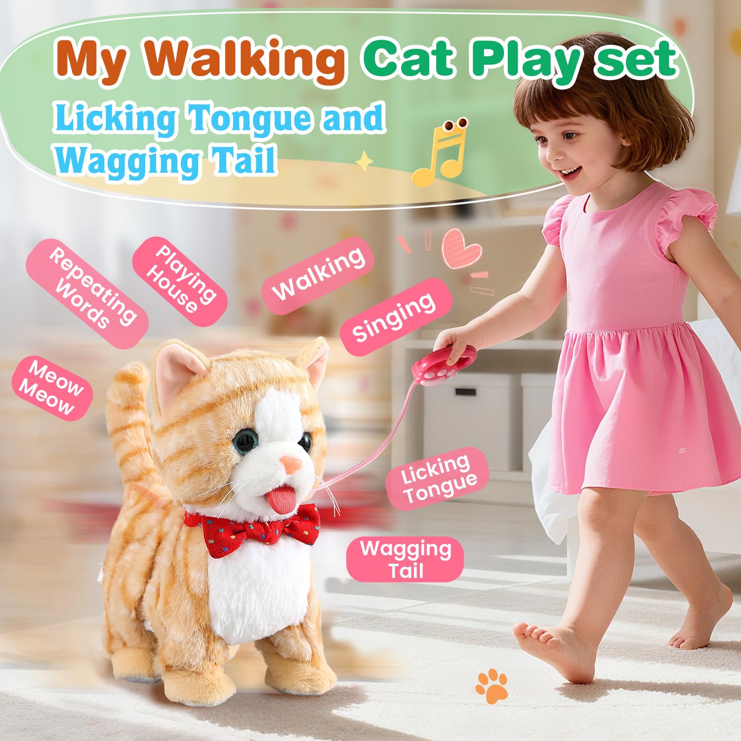 Juego de correa amarilla para gatos que camina interactivo, gato que habla, canta, baila, gatito, imita, repite lo que dices, gatito táctil y control de voz, asintiendo con la cola, gatito eléctrico