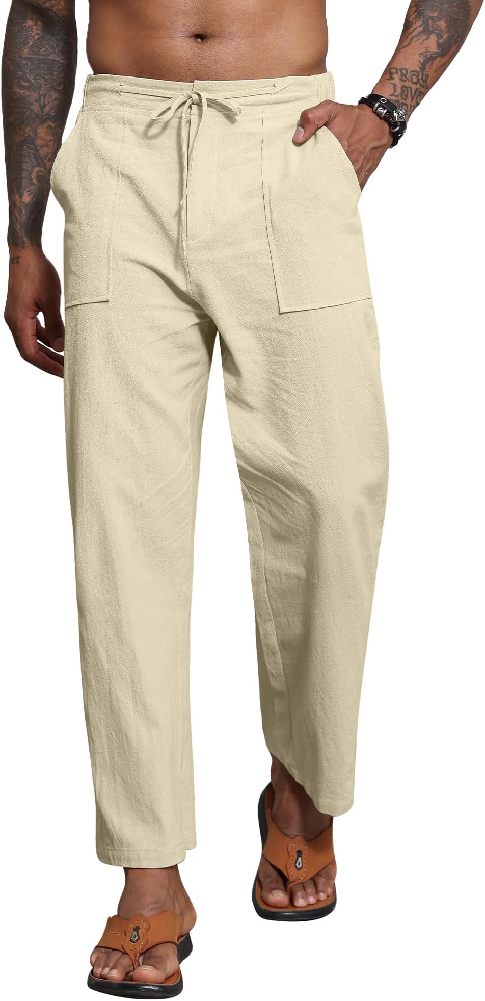 YAOBAOLEMens Linen Trousers Elastic Waist Trousers with Pocket for Men Yoga Pants