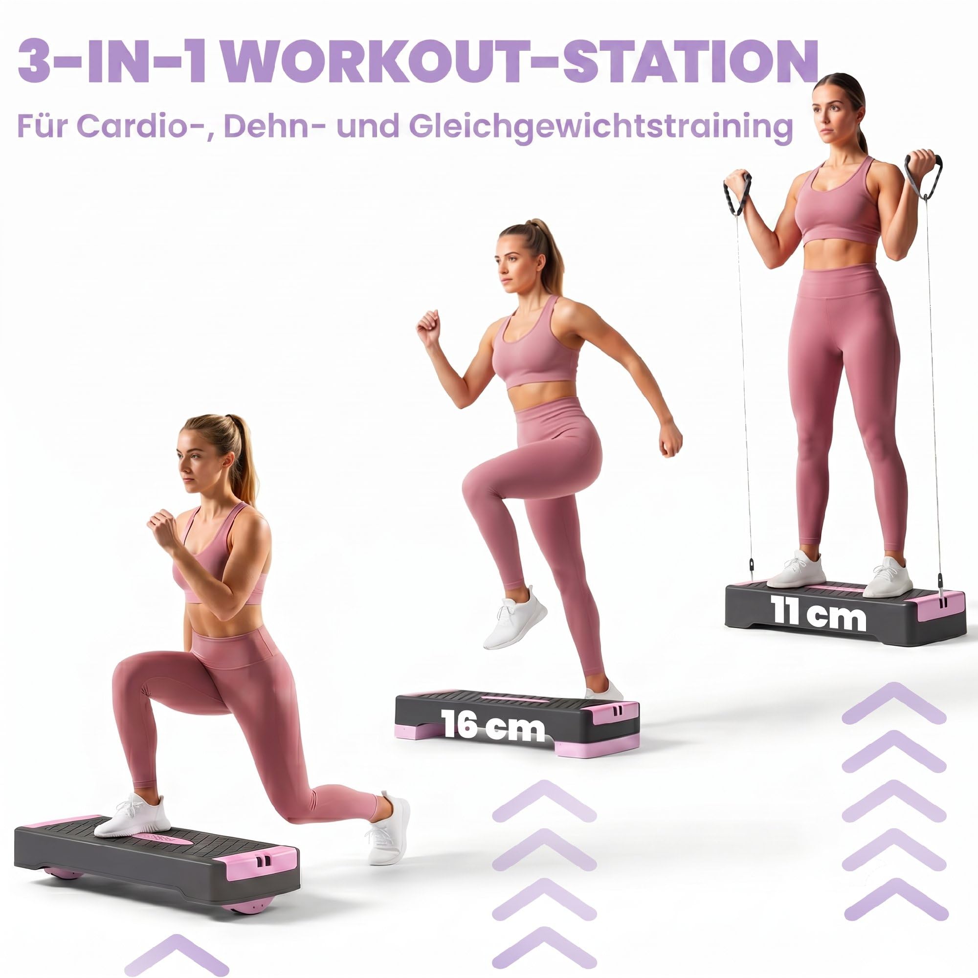 SPORTNOW Step z regulacją wysokości Fitness 2 stopnie (11/16 cm) różowy | Stepper aerobowy, 2 taśmy oporowe, mata antypoślizgowa, antypoślizgowa ławka do kroku, do domu, studia fitness, biura