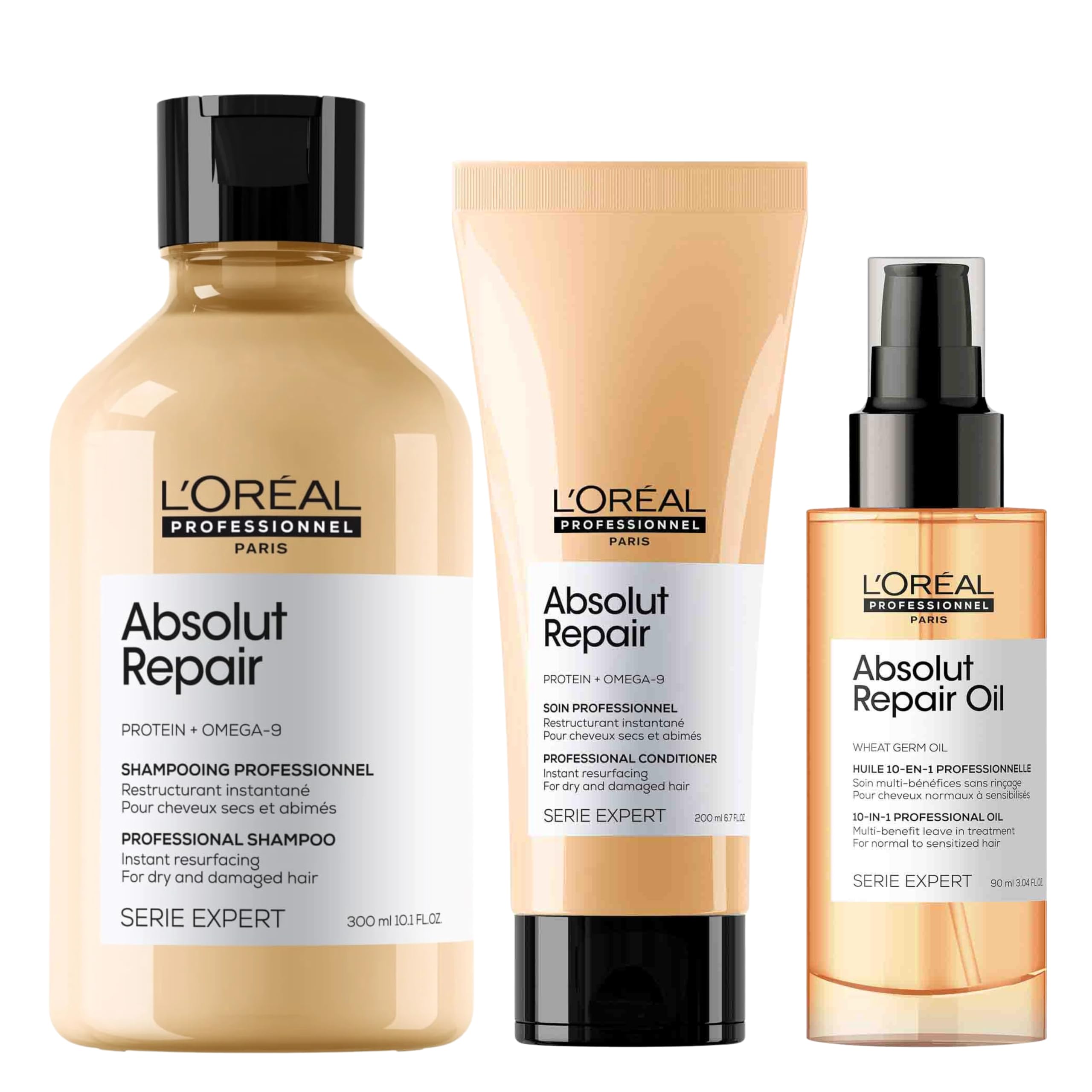 L'Oréal Professionnel Absolut Repair Pack Champú, Acondicionador y Aceite Serie Expert, Reparación para Cabello Seco y Dañado, con Proteína y Omega-9, 3 Unidades