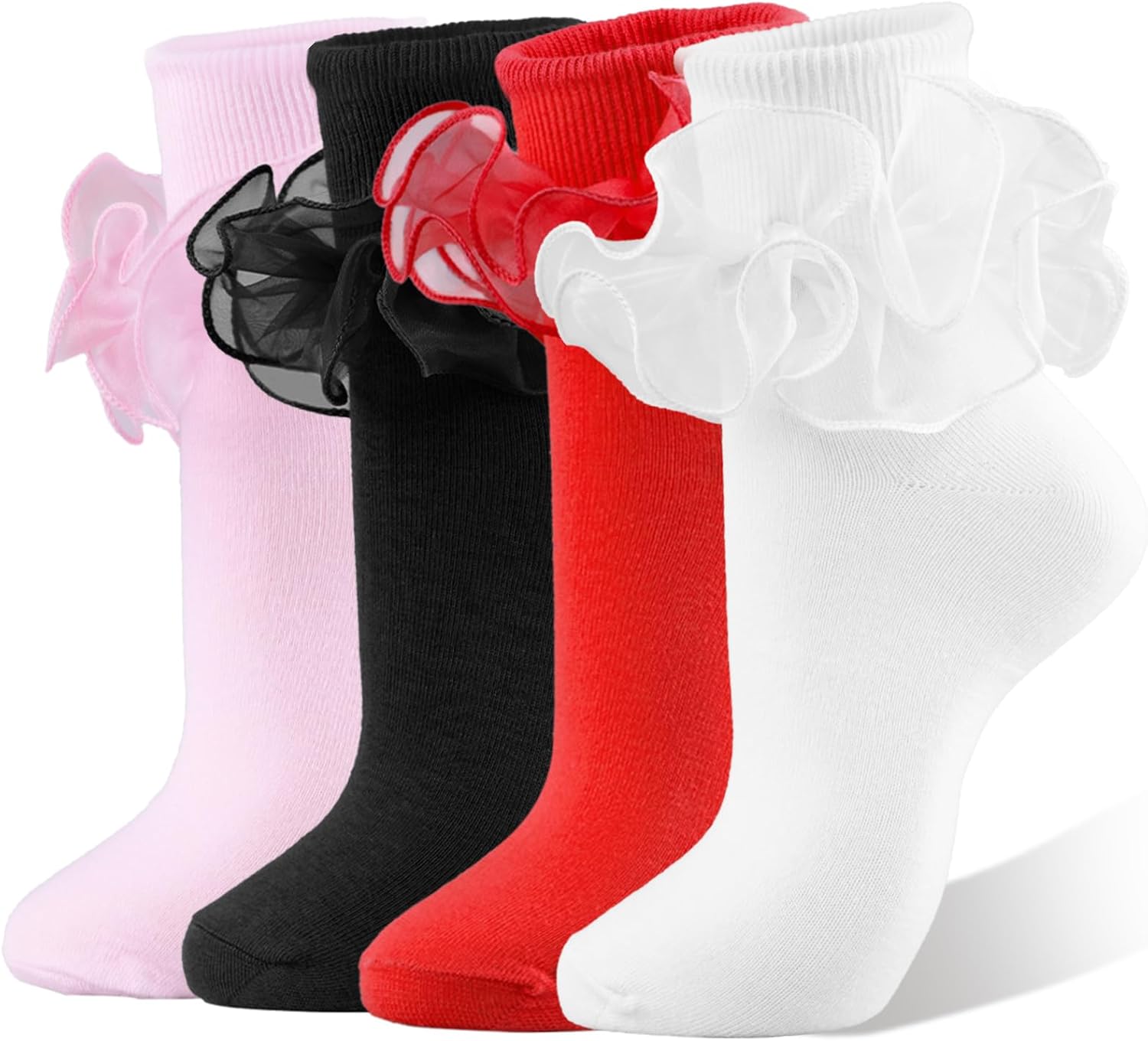 NiceBaby Big Ruffle Socks Women, Cotton Comfort Ankle Ribbed Turn-Cuff Double Lace Cute Frilly Crew Socks