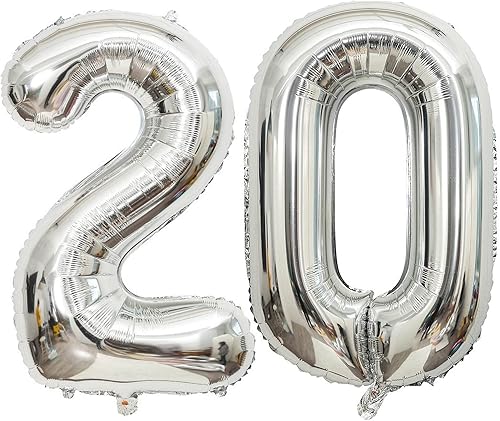 Globos plateados de 40 pulgadas con el número 20, globos gigantes de 20 globos plateados de cumpleaños de 20 años, suministros de decoración de