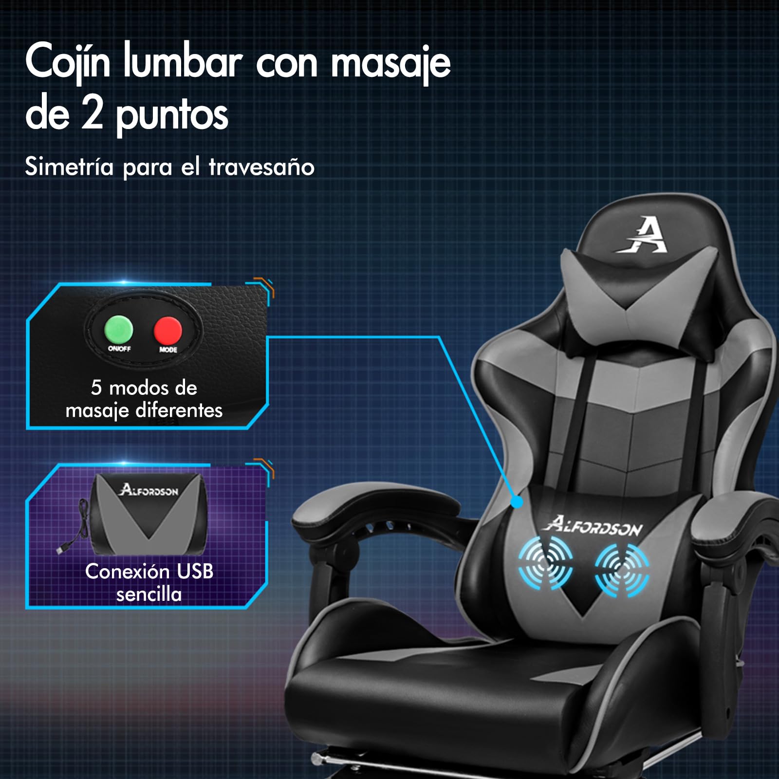 ALFORDSON Silla Gaming Escritorio con Masajeador, Silla Gamer Ergonómica Cojín Lumbar y Cervical, Reposapiés Retráctil, Ruedas Giratorias 360°, para Oficina, Videojuego, Ordenador, Cuero PU(Gris)