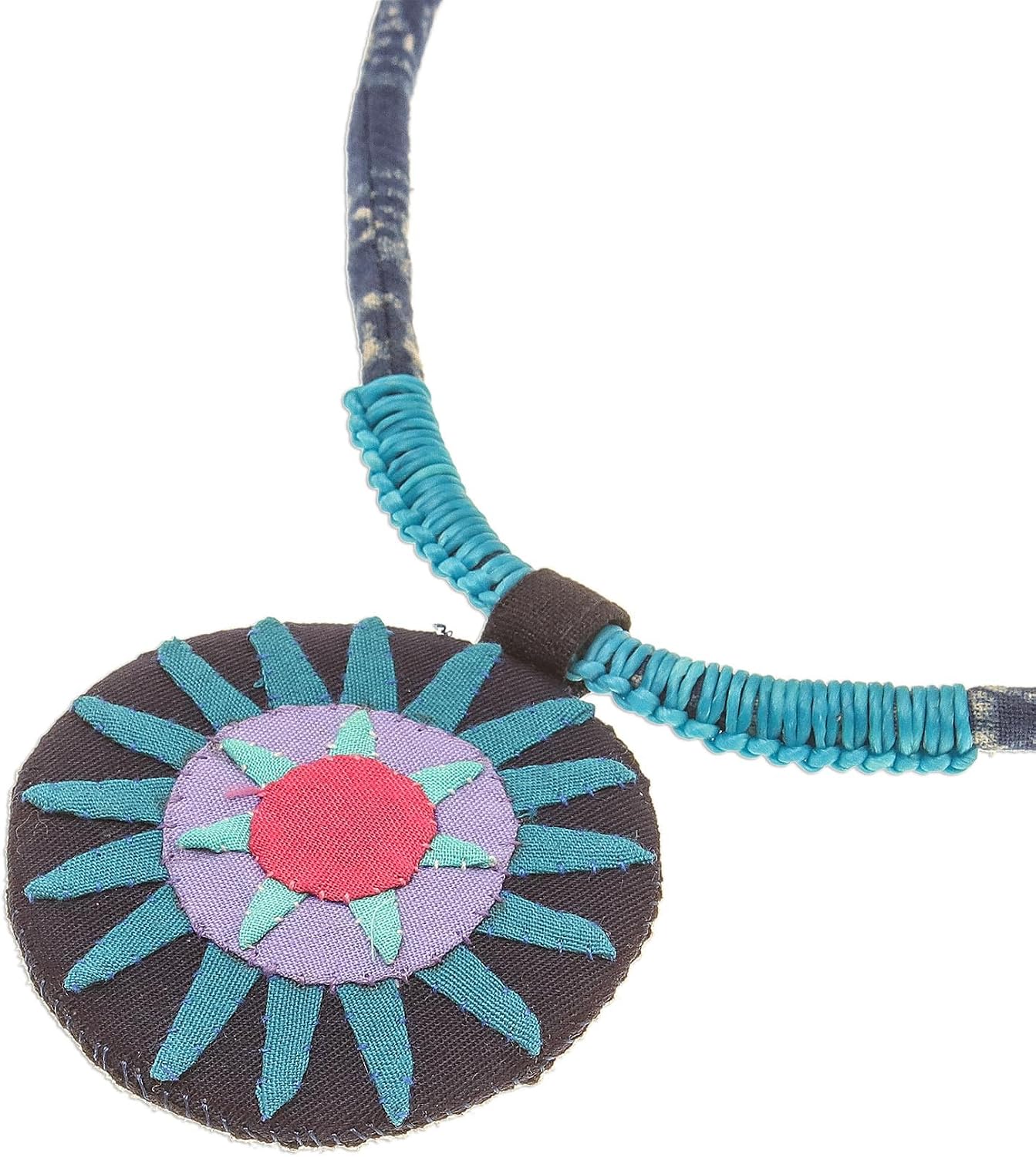 NOVICA Artisan Handcrafted Cotton Pendant Necklace in Blue from Thailand No Stone Pink Bohemian Cultural Hill Tribe Batik Sun [14.25 in min L x 30 in max L 5 mm W Pendant(s) 2.2 in Diam.] ' Blue