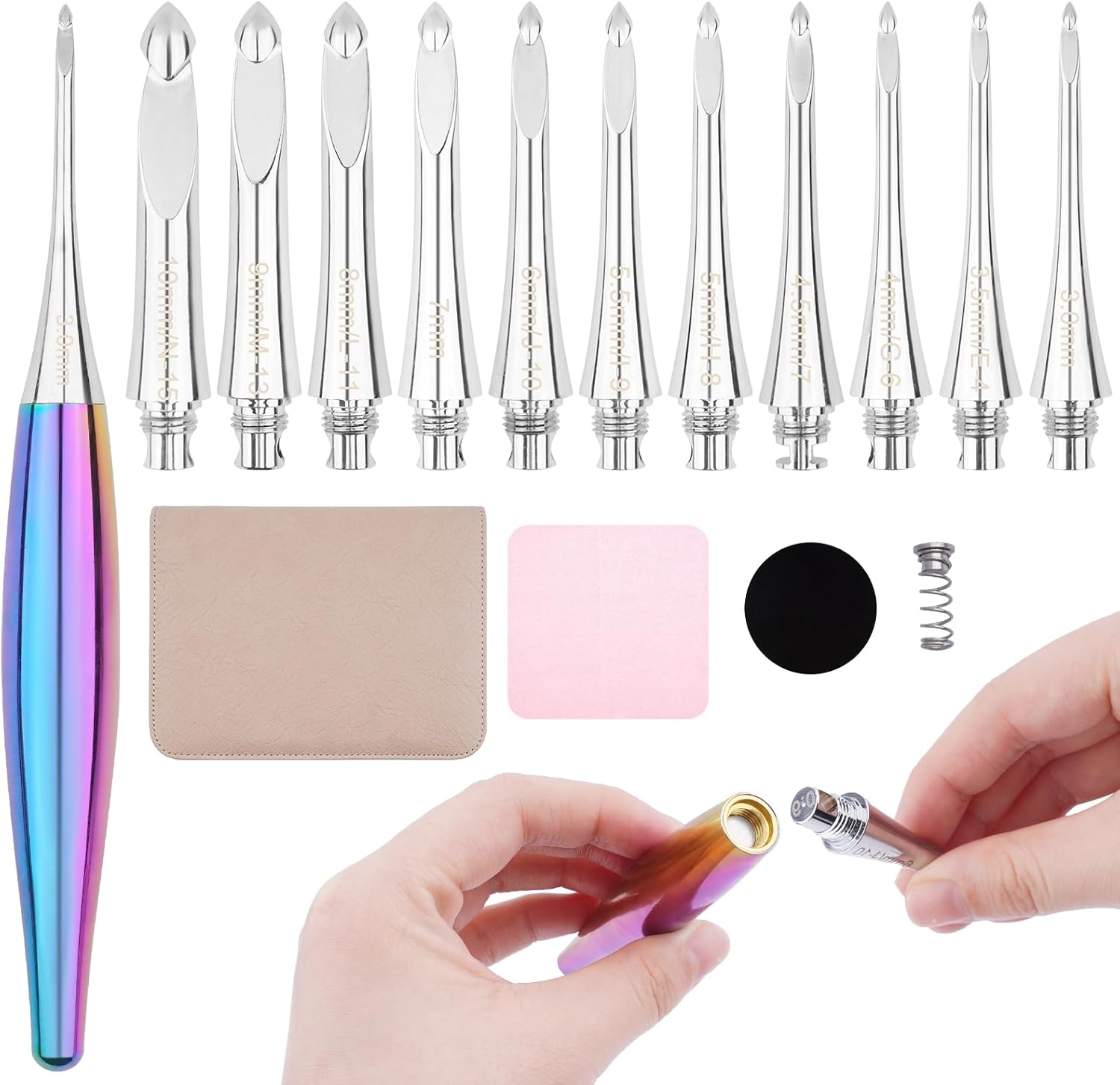 Weabetfu Interchangeable Crochet Hook Set Aluminum Inline Crochet Hooks Ergonomic Handle for Arthritic Hands for Beginner,12 Size 3mm-10mm