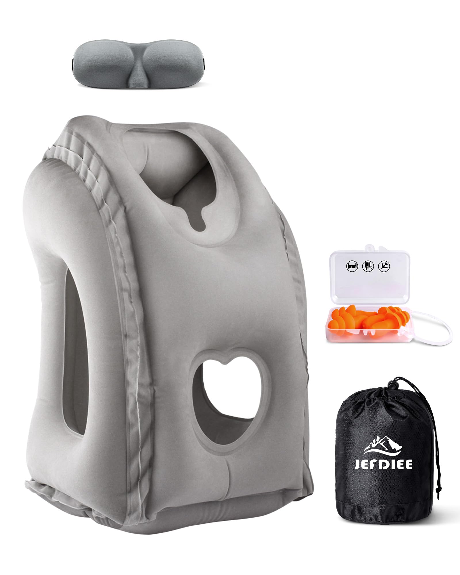 JefDiee Experience Restful Travel with Our Essential Grey Travel Set: Inflatable Pillow, Eye Mask, and Earplugs-wq7