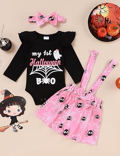 Miniatura 2 de Conjunto de ropa de Halloween para recién nacido, con volantes, tirantes, calabaza, murciélago, fantasma, falda con diadema