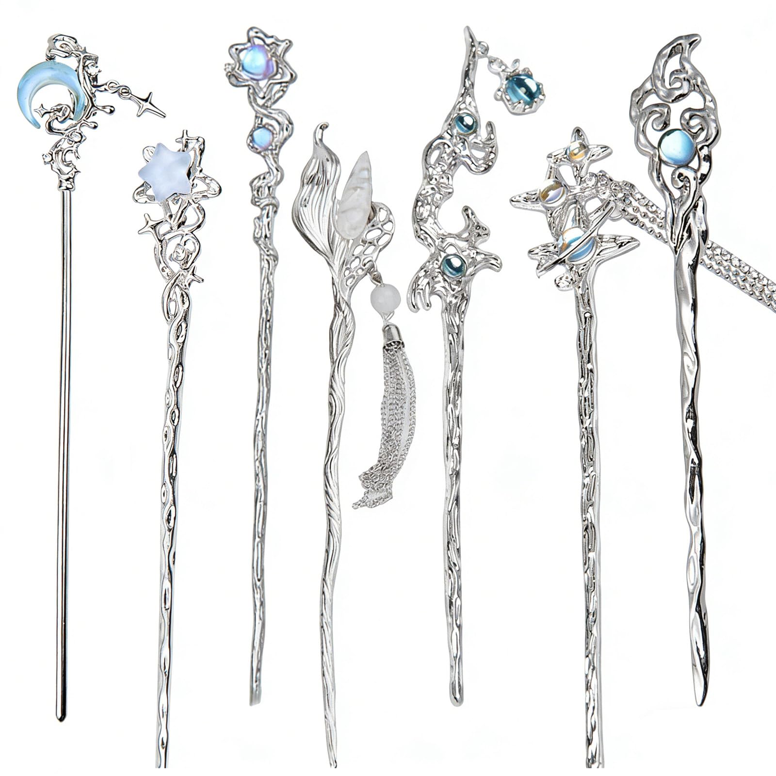 7 PCS Star Moonstone Hair Sticks for Buns Silver Metal Chinese Chopsticks Hair Pins Star Moon Tassel Hairpin Retro Tassel Hair Bun Grace Hanfu Updo Holders Long Hairstick Hair Accessories for Women