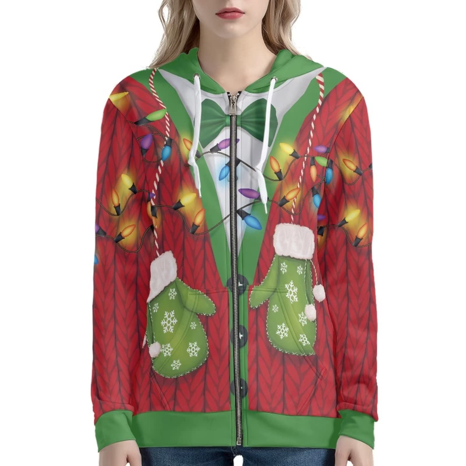 Xoenoiee Świąteczna damska bluza z kapturem zapinana na zamek bluza kurtki z długim rękawem koszula plus size z kapturem wygodna dziewczęca odzież uliczna, Sztuczne dwuczęściowe rękawiczki świąteczne, XS