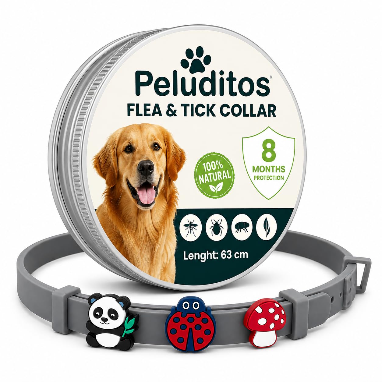 Natural Antiparasitic Collar for Dogs - Protection up to 8 Months from Fleas and Ticks - Adjustable and Gentle on Your Skin + 3 Decorative Charms Gift