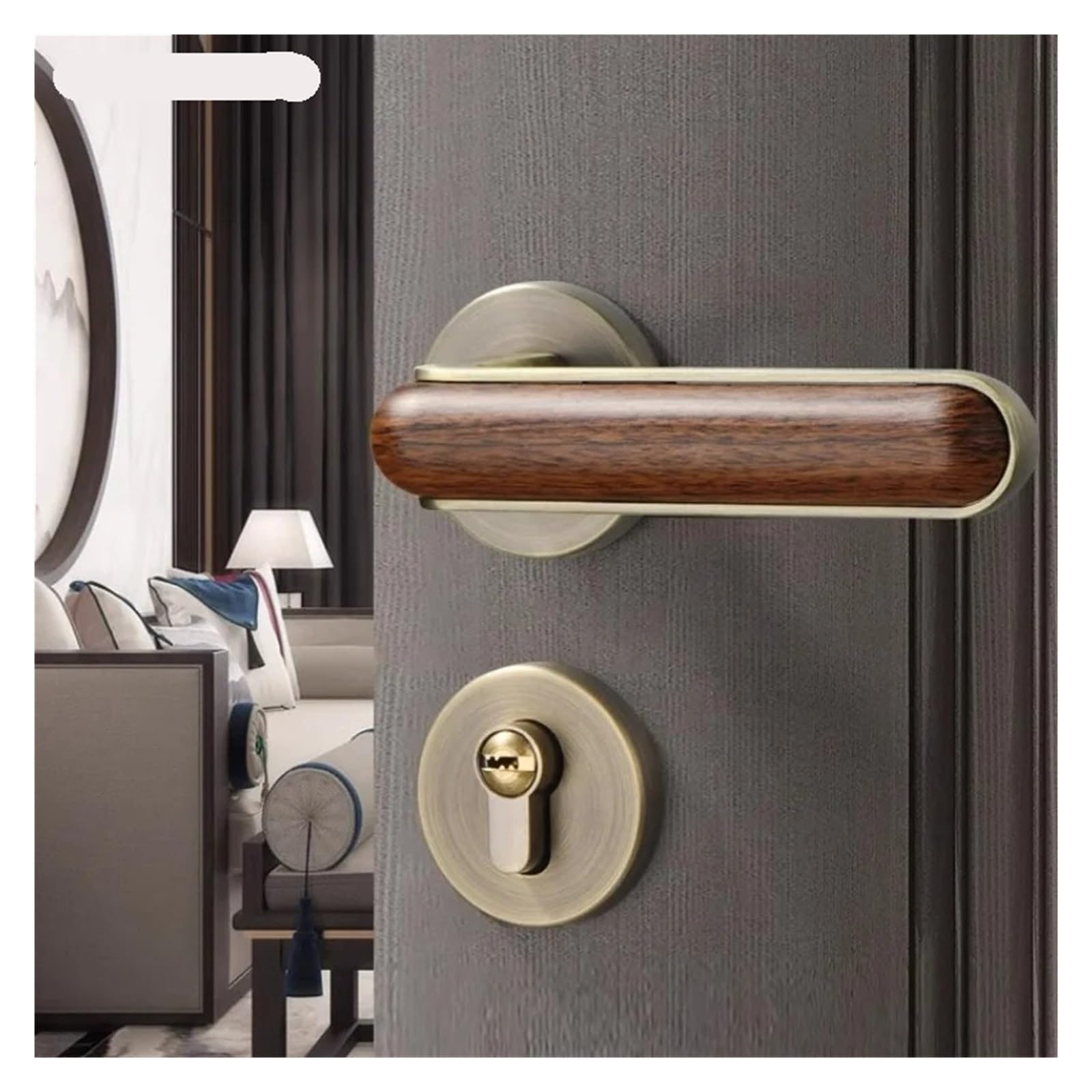 Cerradura de puerta para dormitorio con manija de madera maciza A_72MM