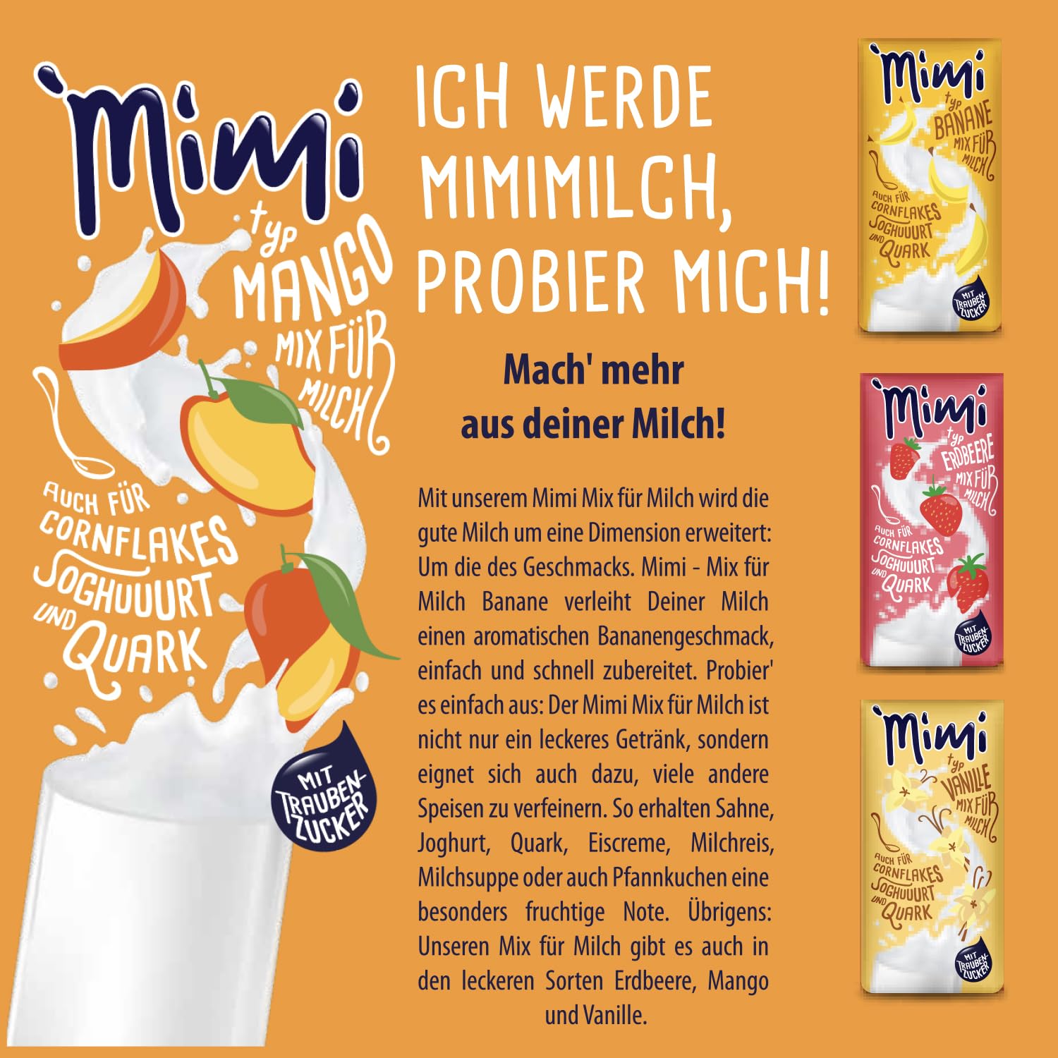 Mimi Milk Mix Mango Bebida Polvo 12 x 400 g Mezcla de leche - Paquete de almacenamiento - Polvo de bebida soluble en leche con sabor a mango - Soluble en frío y caliente - Ideal para ocio, camping,