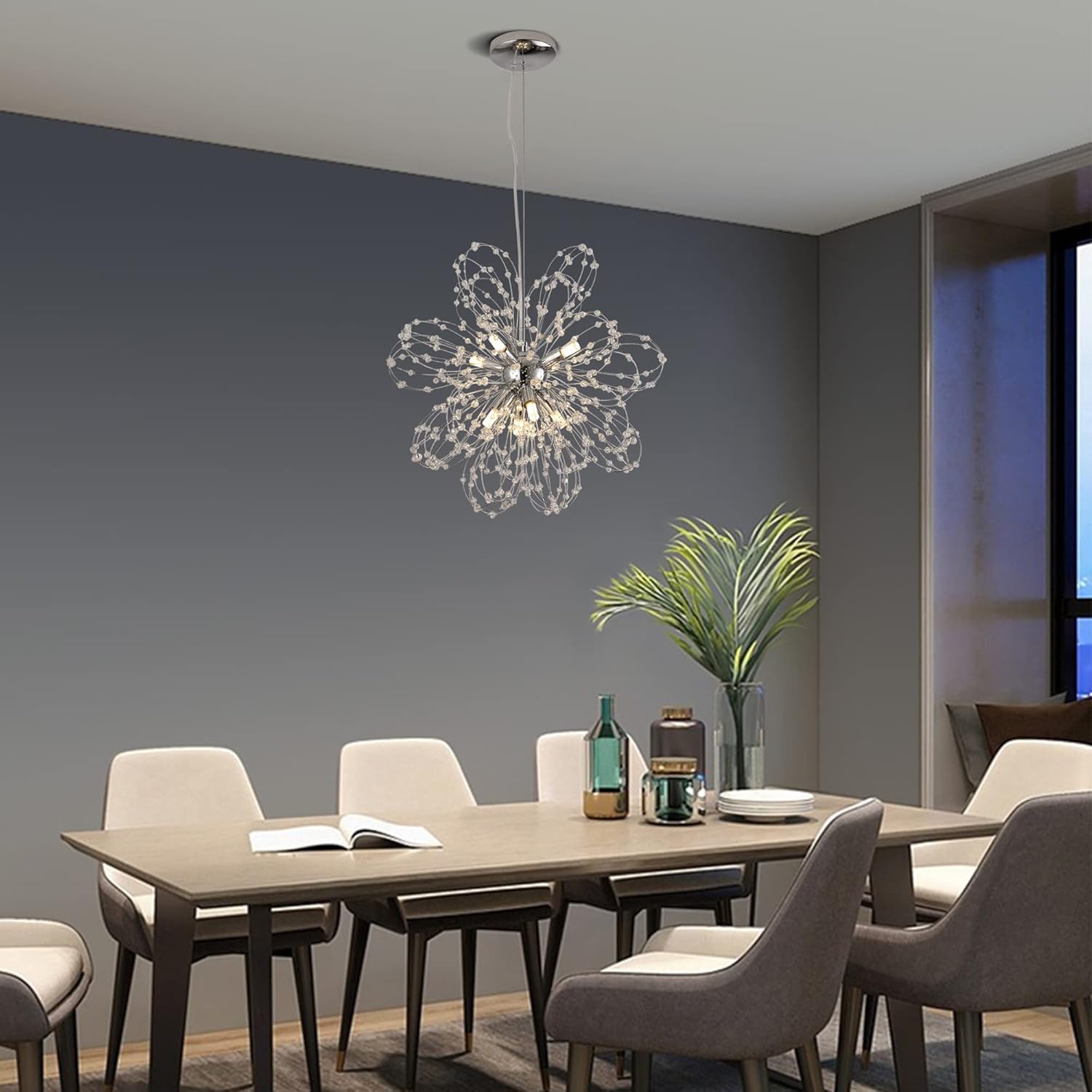Firework Crystal Chandeliers, Modern Chrome Small Dandelion Chandelier, 8-Light Sputnik Pendant Hanging Light Fixture for Bedroom, Kitchen Island, Dining Room
