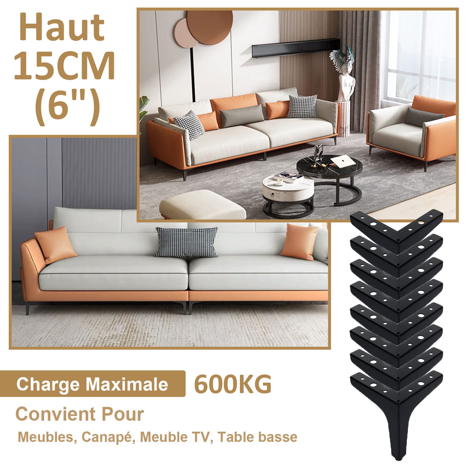 SENENQU Lot de 8 Pieds de Canapé Metal 15 cm, Pieds de Table Basse Métal Charge Jusqu'à 600 KG Pied de Meuble Noir, Support de Table en Fer Forge/Sofa, Pied pour Meuble TV, Placard