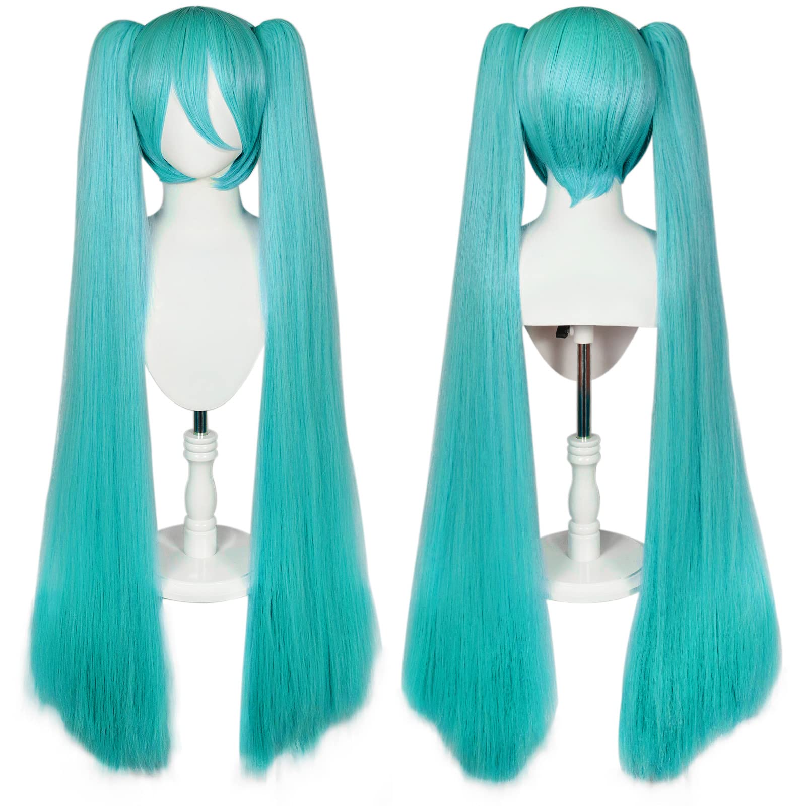 Ebingoo Green Wig with Bangs for Women with Two Ponytails + Wig Cap Long Straight Synthetic Wig for Cosplay - Green