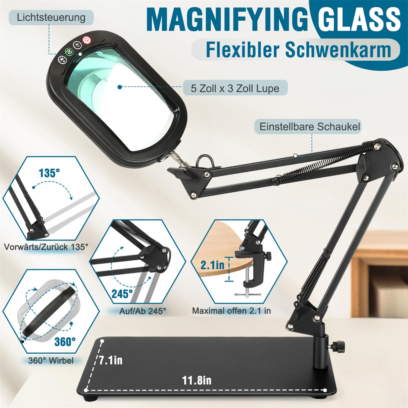 Veemagni Rectangular 12X Lupa con Luz y Soporte, 5 Modos de Color Regulable sin Niveles, Lámpara de Escritorio 2 en 1 con Iluminación LED y Abrazadera, Manos Libres Lupa de para Lectura Afición