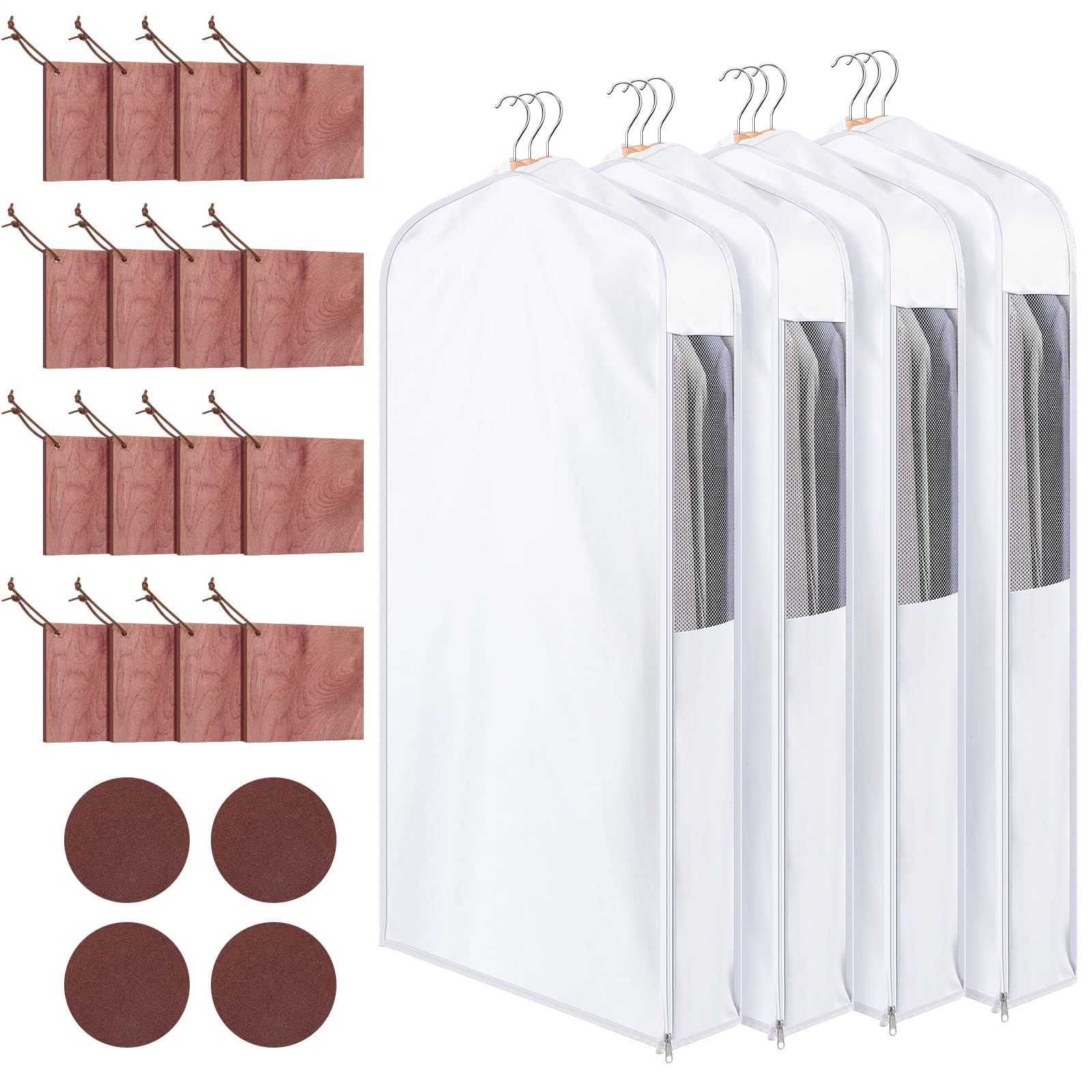 Cotton Garment Bags with 16 Cedar Blocks, 4 Sets, 40 x 24 x 6 in, White