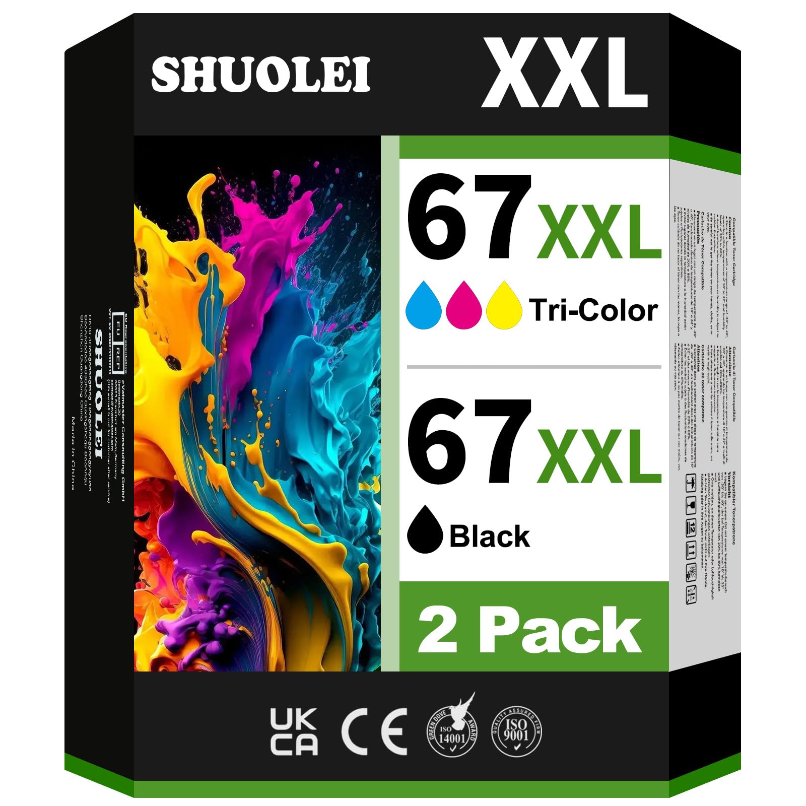 67XL Black/Color Ink Cartridges (2 Pack) Replacement for HP DeskJet 2855e 4255e 4155 2755e 4110e 2720e 2722 Envy 6055e 6458e 6010e 6020e Envy Pro