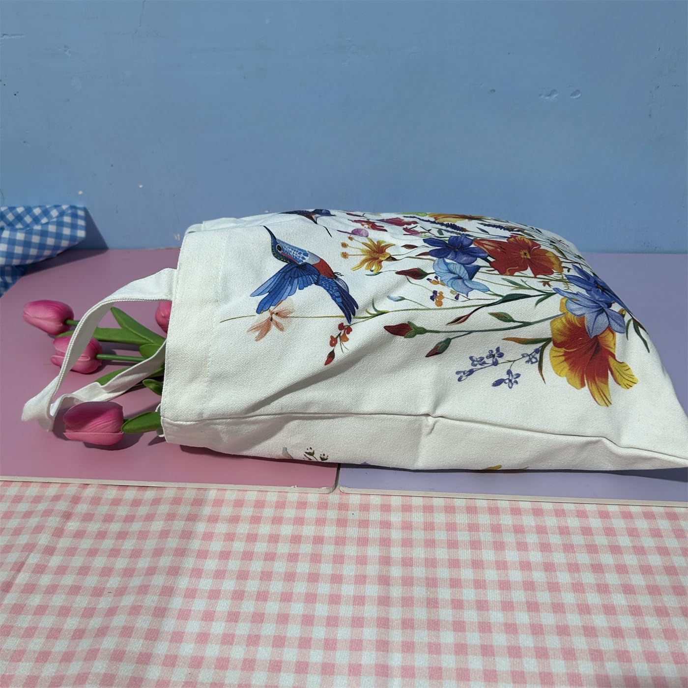 Aesthetic Hummingbird Flower Tote Bag with Inner Zipper Pocket, Double Side Printed Beautiful Canvas Reusable Shopping Grocery Tote Bag for Woman Man - Image 7