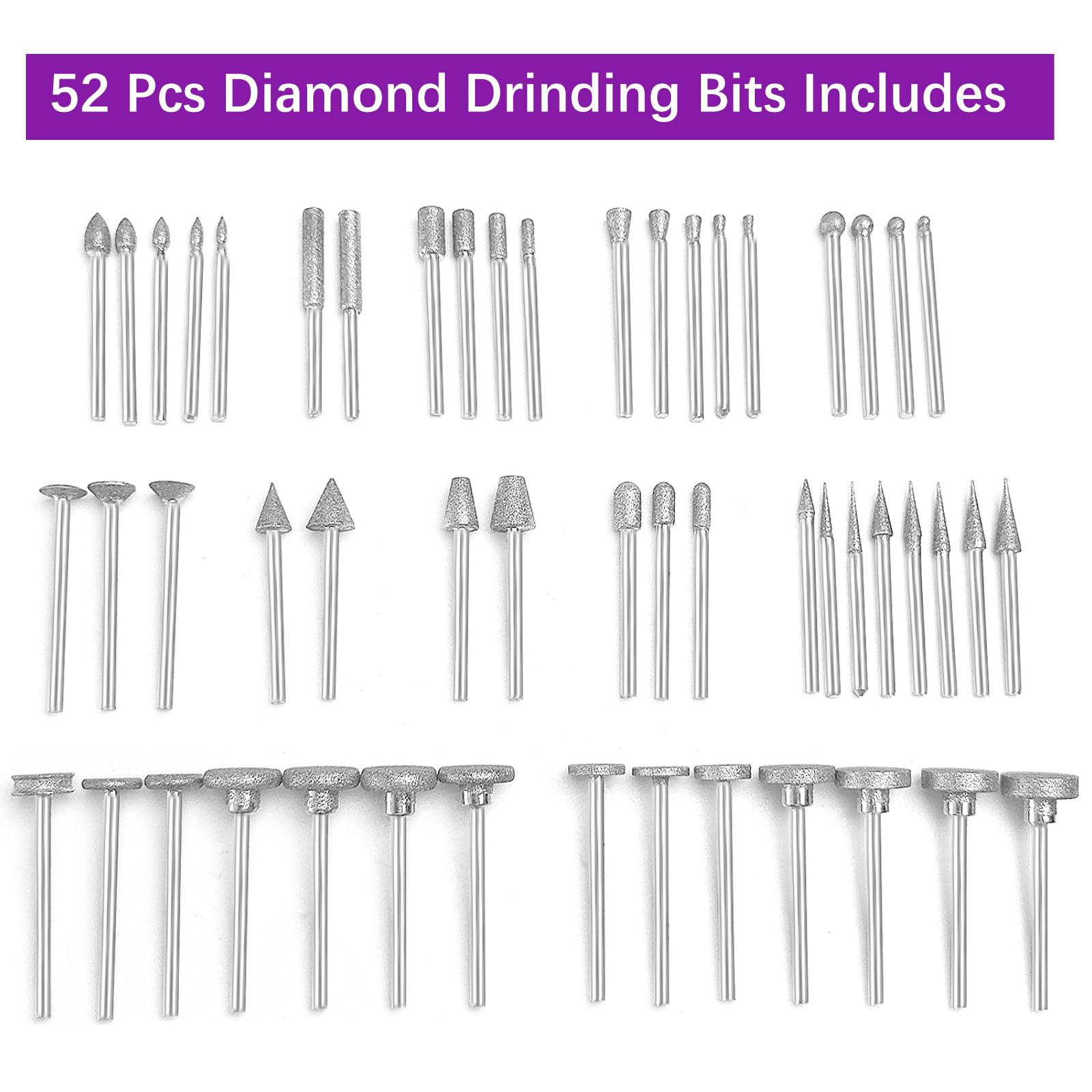 52 Stück Diamant Fräser Set,Diamant Fräser,Kompatibel mit Dremel Schleifaufsätze Rotary Tool Zubehör mit 1/8"(3mm) Schaft Passform für Stein Glas Keramik Schnitzen,Schleifen,Polieren,Gravieren,Bohren