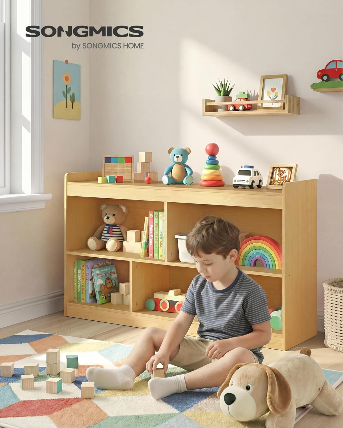 SONGMICS Kids' Toy Storage Shelf, Montessori Shelf for Toys with 5 Open Compartments, Storage Unit for Children's Room Playroom Living Room, 11.8 x 44.2 x 25.6 Inches, Beech Beige UGKR052YZ01