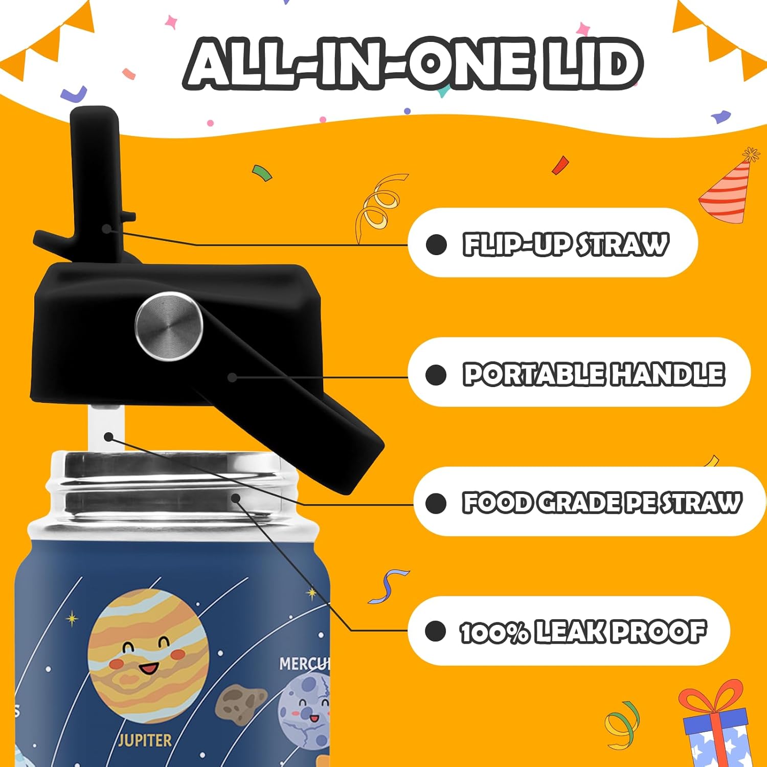 Space Planet Water Bottle - Space 16oz Stainless Steel Water Bottle with Straw - Funny Planet Insulated Cup for Boys - Solar System Kids Tumbler for School, Sports, Travel - Image 5