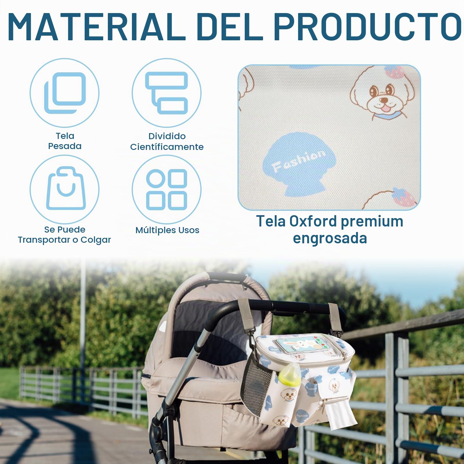 Bolso Carro Bebe, Bolso Organizador Carrito Bebe, Bolso para Carro Bebe con Portavasos y Bolsillo para Pañuelos, Bolso Carro Bebé Universal con Cierre de Cremallera y Correa Ajustable para el Hombro