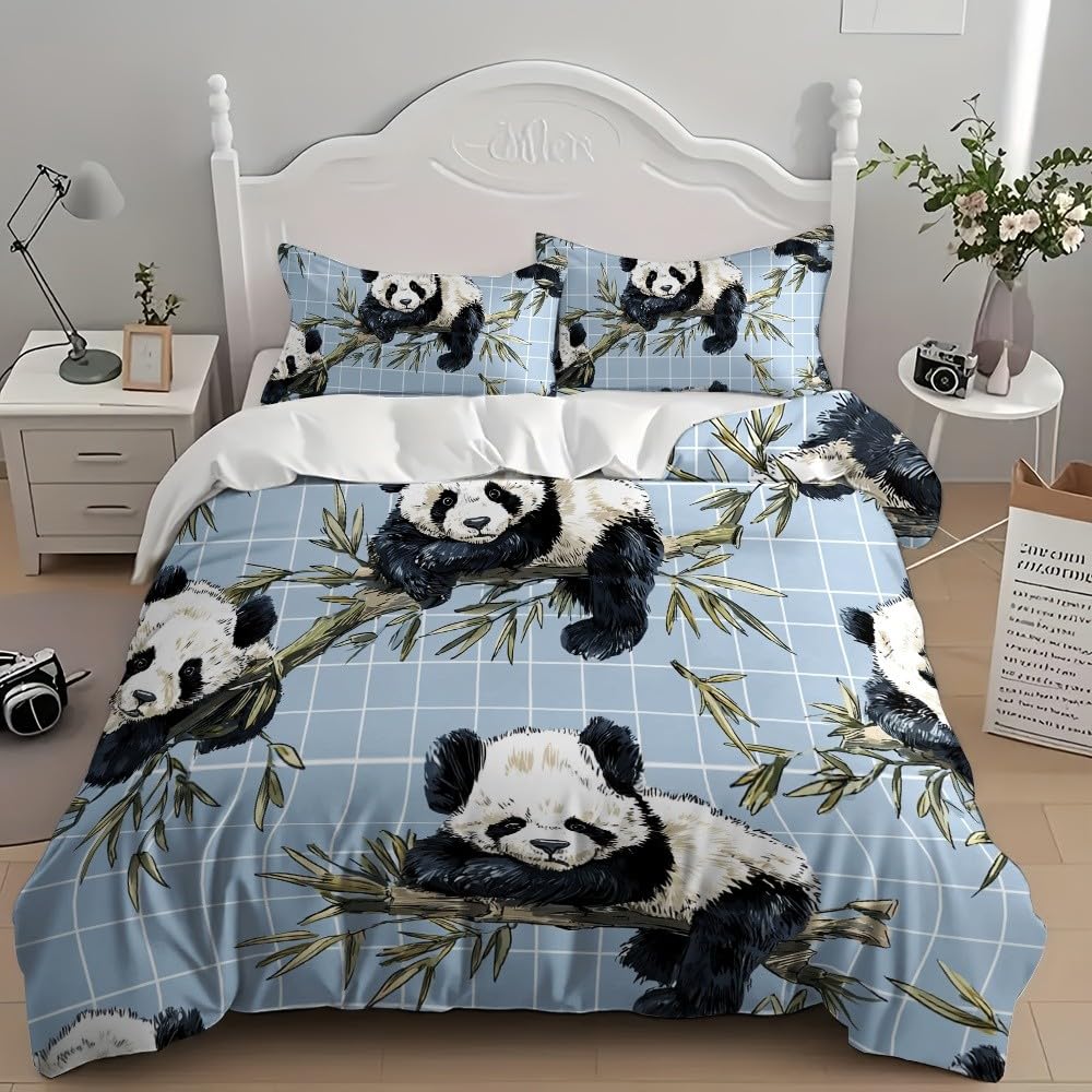 Kreskówka Panda 3-częściowy komplet pościeli z mikrofibry niebieski komplet pościeli poszwa na kołdrę 140 x 200 cm i 2 poszewki na poduszki 65 x 65 cm