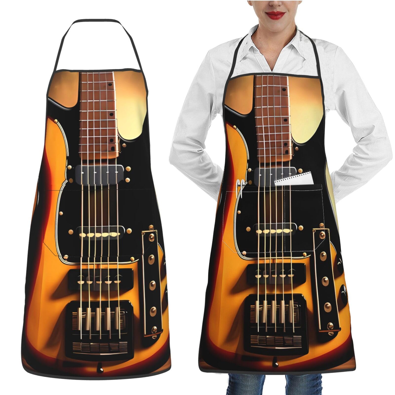COWMGHLDFL Cooking Aprons for Men Women Bib with 2 Pocket Instrumental Guitar Adjustable Aprons Chef Bibs for Baking