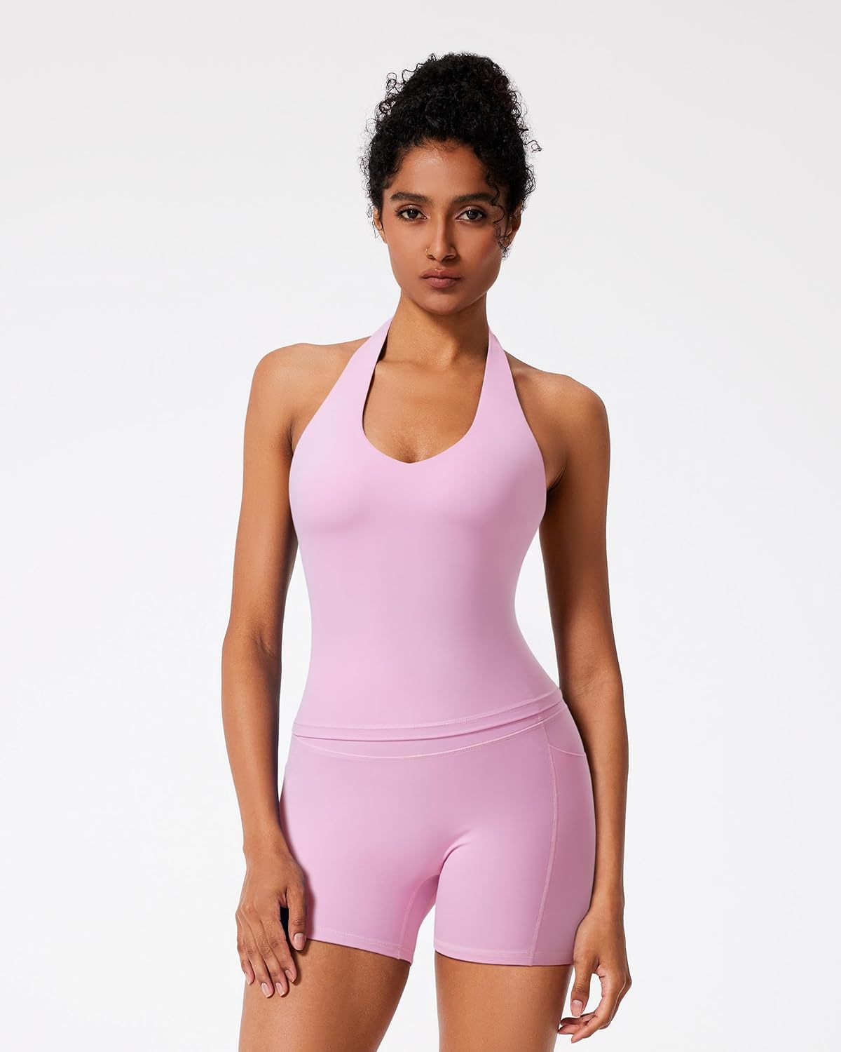 RXRXCOCO Halter Workout Sets for Women 2 Piece V Neck Tank Tops Hidden Scrunch Booty Shorts Gym Outfits with Pockets - Image 2