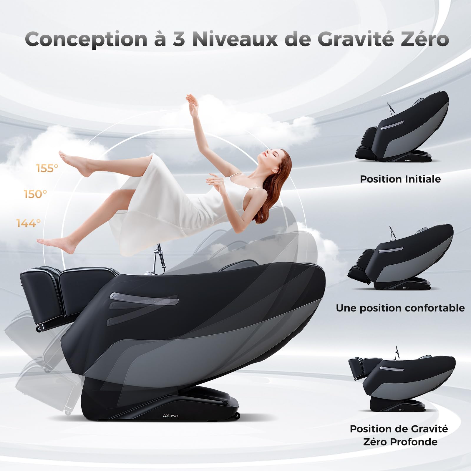 COSTWAY Fauteuil de Massage Électrique, Fauteuil de Massage Inclinable Rail SL avec 12 Modes Automatiques 5 Techniques de Massage Chauffage et Rouleaux Télécommande Haut-Parleur (Noir)