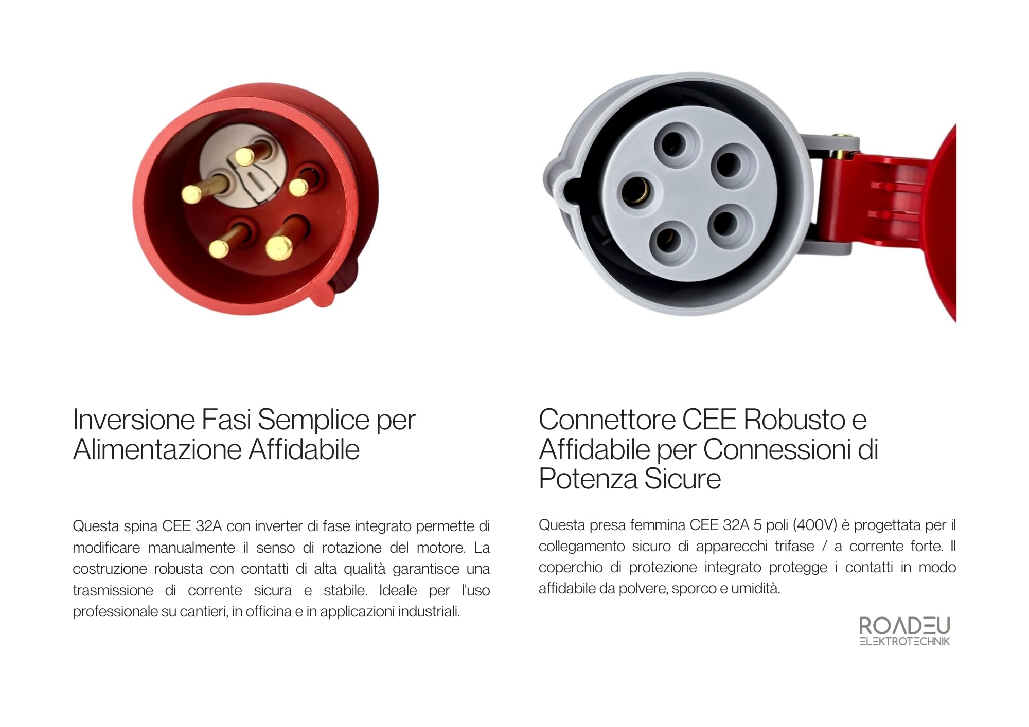 RoadEu - Adattatore CEE 32A a 32A con invertitore di fase – Prolunga industriale 5x4 mm² – 0,5 m – IP44 – Presa e spina CEE 400V 5 poli