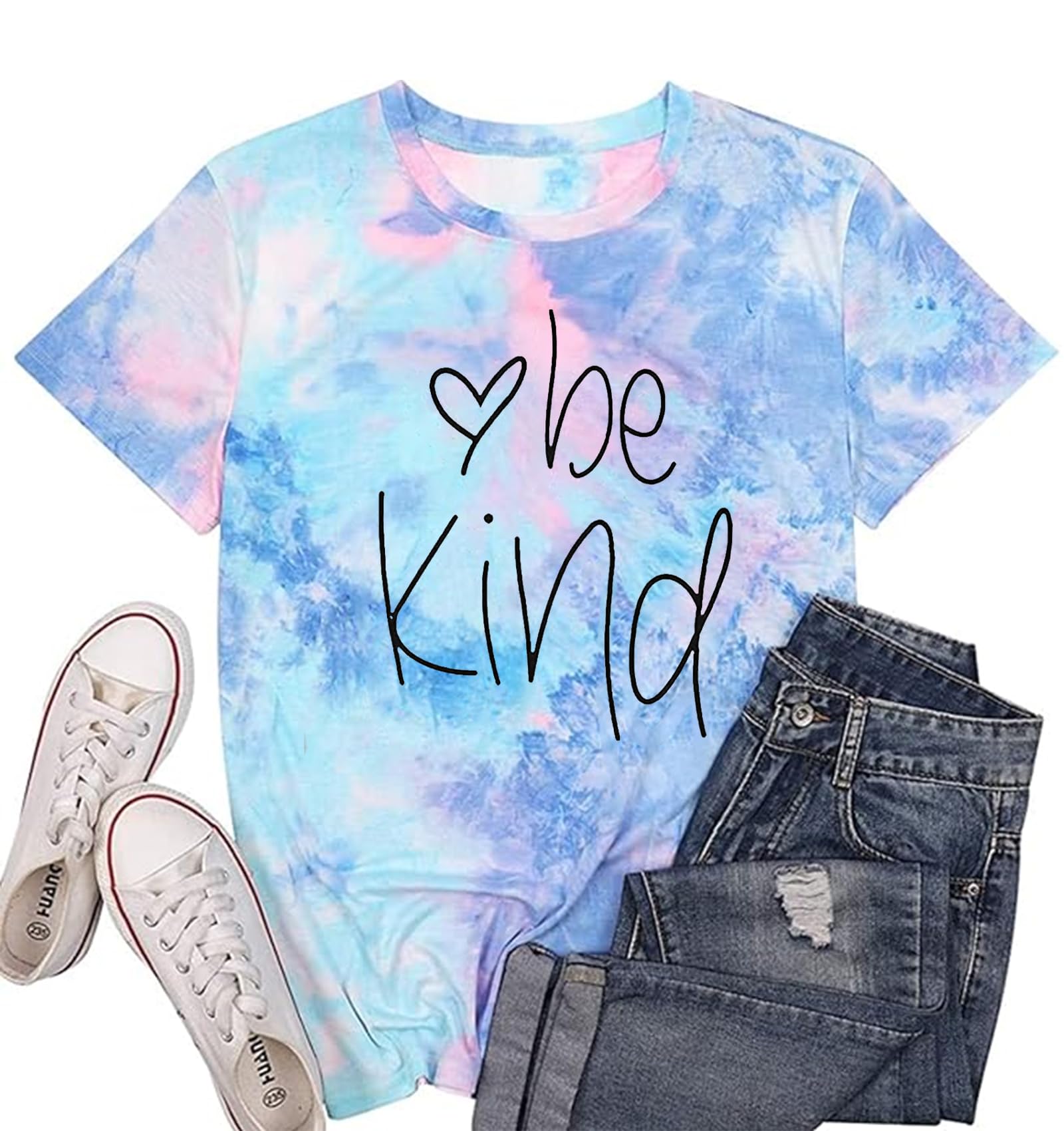Women Tie-Dye Shirt Women Be Kind Graphic Tshirts Cute Teacher Short Sleeves Top