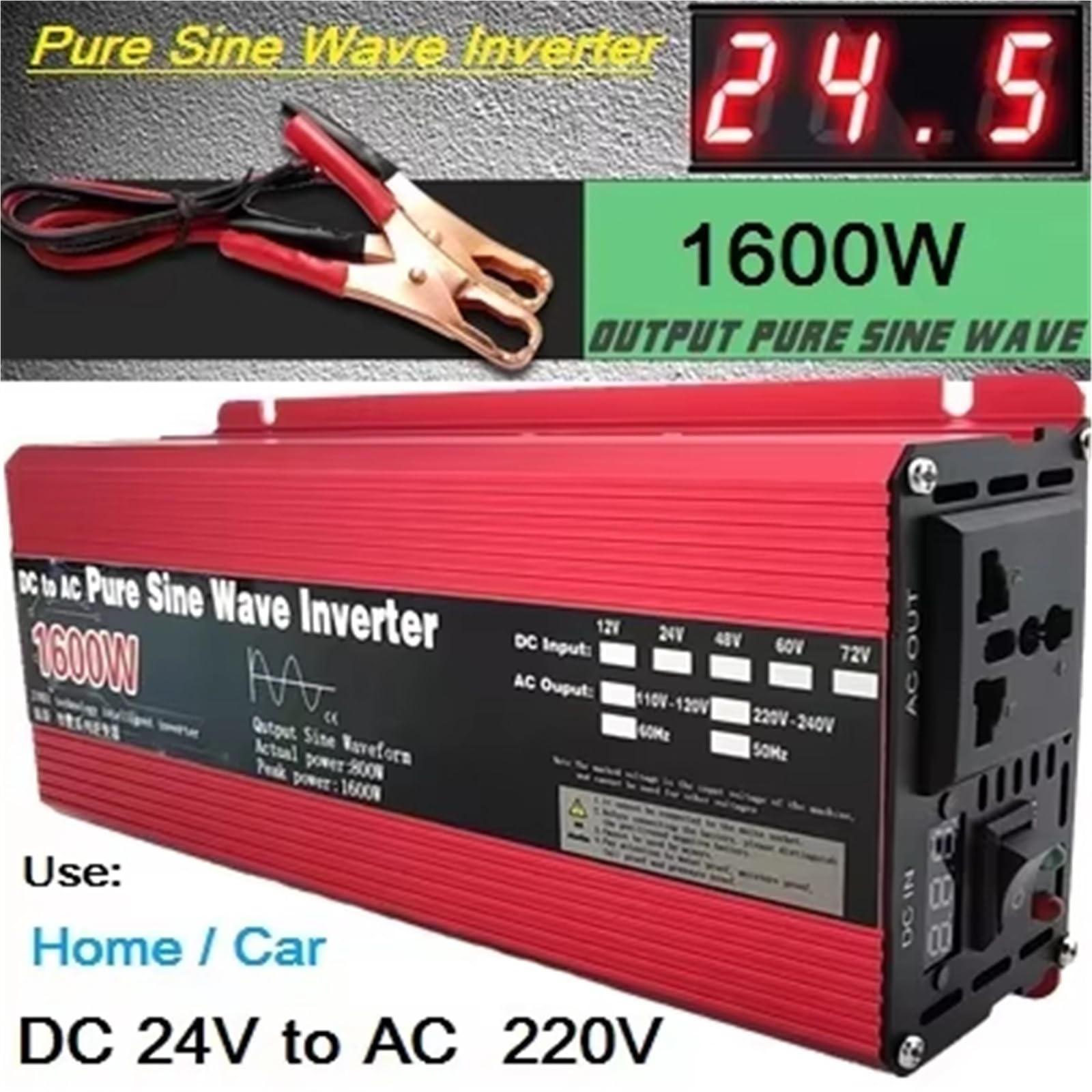 Falownik sinusoidalny, przetwornica DC 12 V/24 V na AC 220 V, 230 V, 50 Hz, 1000 W, 1600 W, 2000 W, 3000 W, przenośny powerbank, przetwornica solarna, ładowarka samochodowa (1600 W