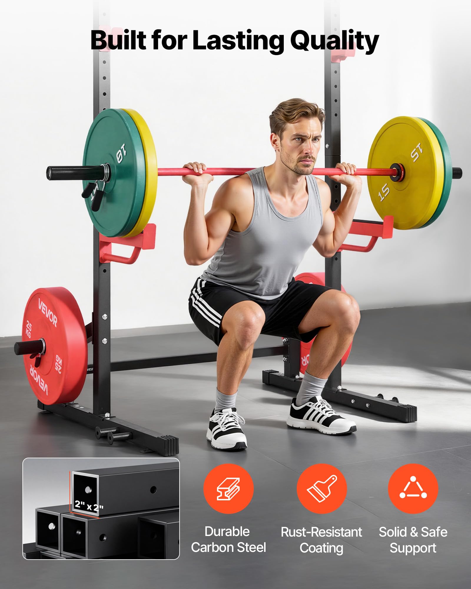 VEVOR Power Tower Dip Station Multifunzionale per Palestra Domestica, Attrezzatura per Allenamento della Forza da 453 kg con 4 Pioli per Fasce, Ganci a J Regolabili e Barre di Sicurezza