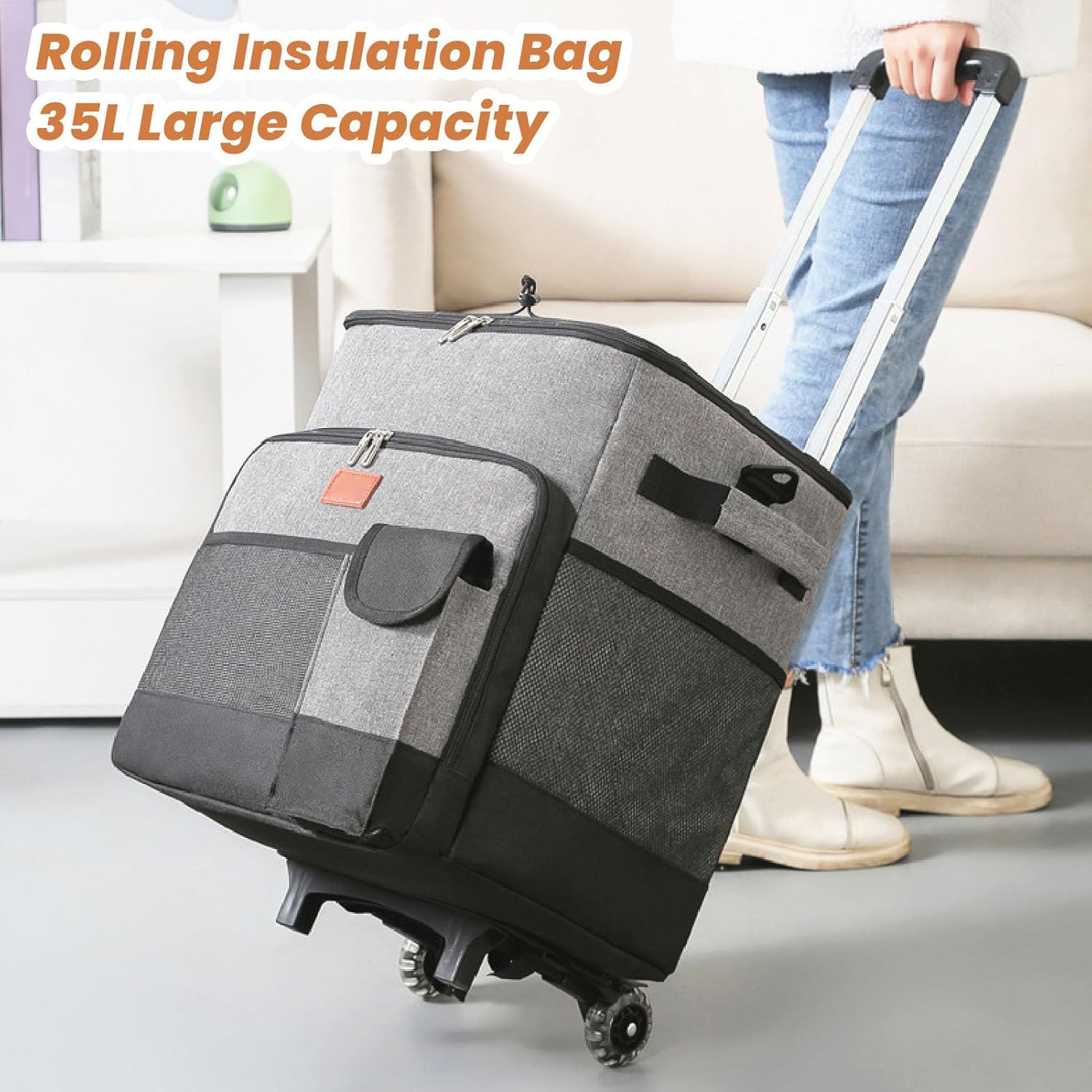 35L Rolling Cooler Bag, Insulated Leakproof Portable Soft Rolling Cooler with Wheels and Handle, Cooler Bag Trolley Box for Beach Camping BBQ