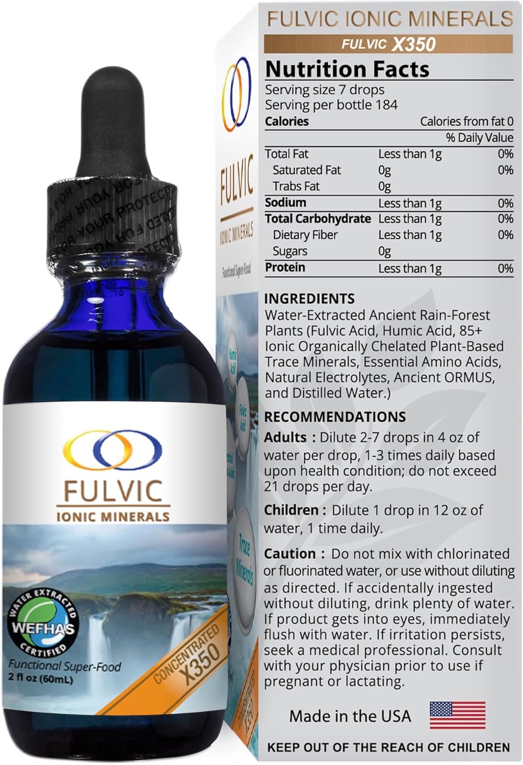 Optimally Organic Water Extracted Fulvic Ionic Minerals X350 - Patented BioActive Fulvic Acid, Humic Acid, Trace Minerals, Electrolytes & Essential Amino Acids - 8+ Month Supply!