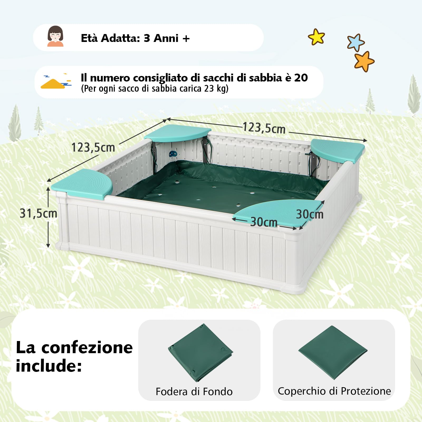 COSTWAY Sabbiera per Bambini, Sabbiera da Cortile con 4 Sedute Angolari e Copertura in Oxford, per Cortile Spiaggia Prato, 123,5 x 123,5 x 31,5 cm (Verde+Bianco)