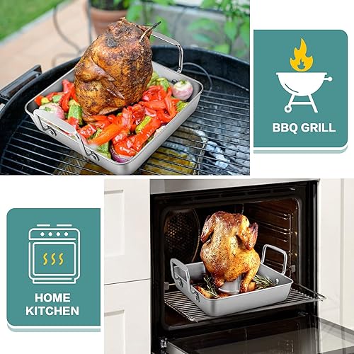 Miniatura 7 de P&P CHEF Soporte para Pollo con Lata de Cerveza con Juego de Bandeja para Asar, Molde Cuadrado de Acero Inoxidable de 9 Pulgadas y Rejilla para