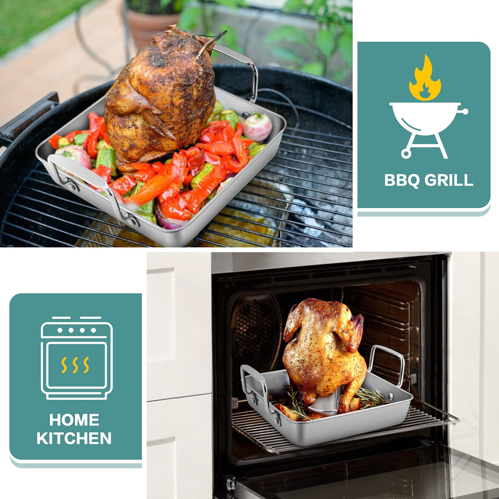 P&P Chef Soporte de pollo para asar cerveza (2 sartenes y 2 estantes), bandeja para asar de pollo de acero inoxidable con estante vertical para asar a la parrilla, resistente y apta para