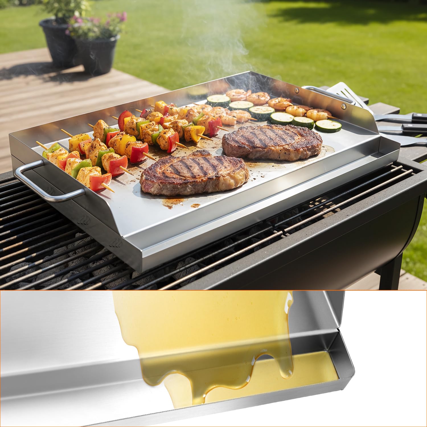 QWORK Prostokątna plancha do grillowania, płyta grillowa ze stali nierdzewnej 304 z korytem smarowym, do większości grilli gazowych i grillów na węgiel drzewny