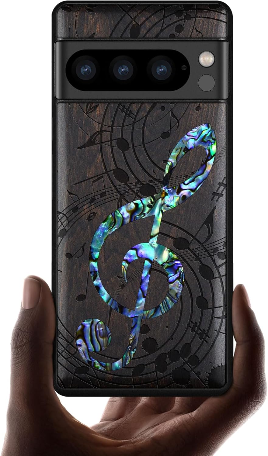 Carveit Designer Wooden Case for Google Pixel 8 Pro Case Cover [Wood Engraving & Shell Inlay] Compatible with Wireless Chargers Pixel 8 Pro (Musical Note-Blackwood)
