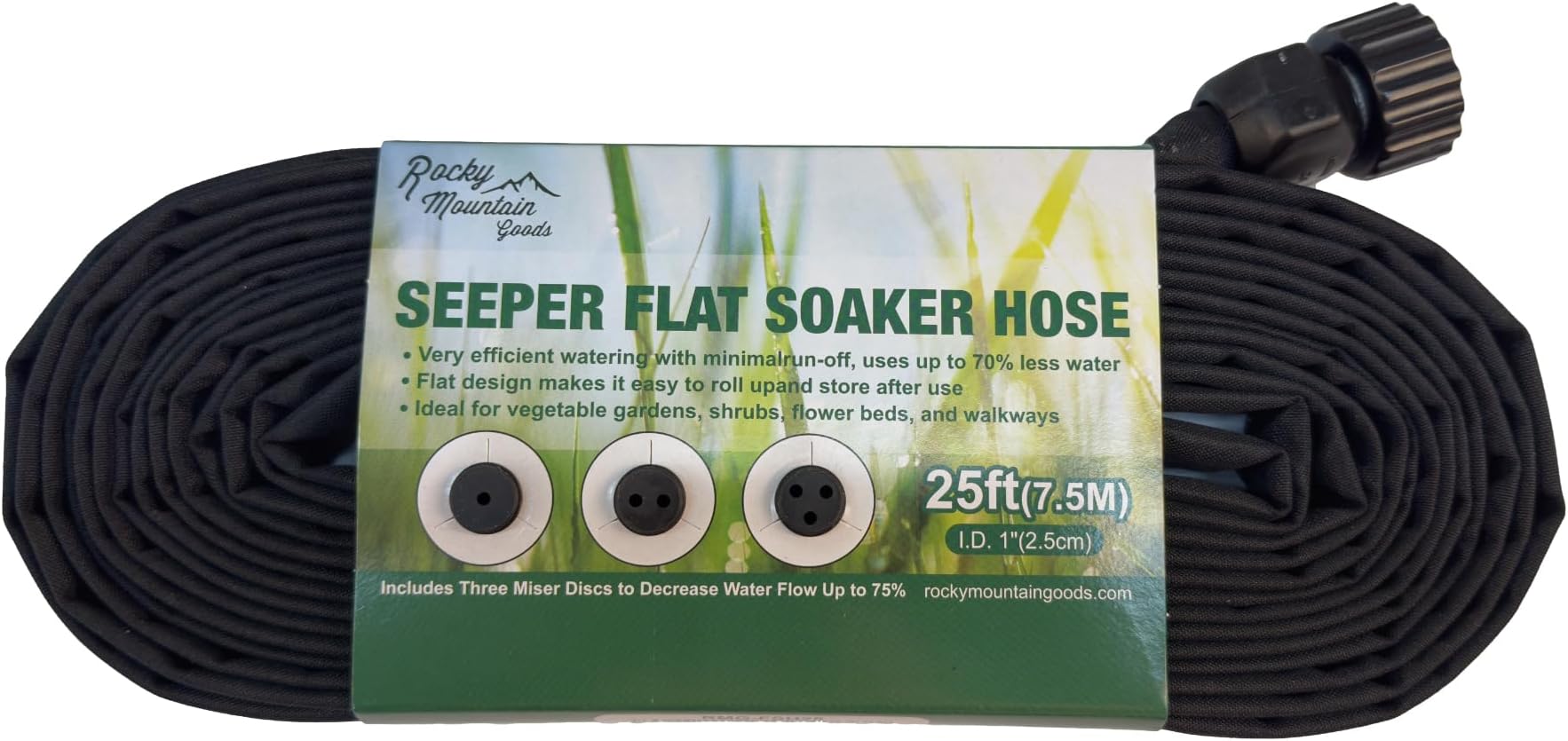 Rocky Mountain Goods Flat Weeper Soaker Hose (25-Foot) - Drip Irrigation - Saves 70% Water - Drips Water Entire Length of Hose - Includes 3 Pressure Reducing Discs - NOT a Regular Garden Hose