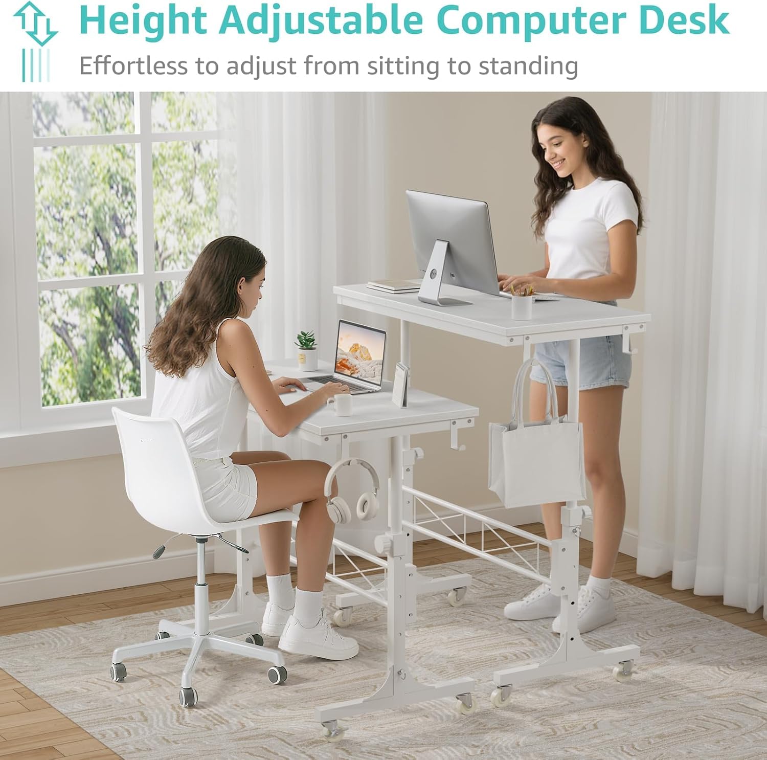 Small Portable Treadmill Walking Pad Desk on Wheels, 32 Inch White Adjustable Height Mobile Rolling Standing Teacher Desks, Couch Sofa Side Laptop Stand Up Table for Bedroom, White - Image 5