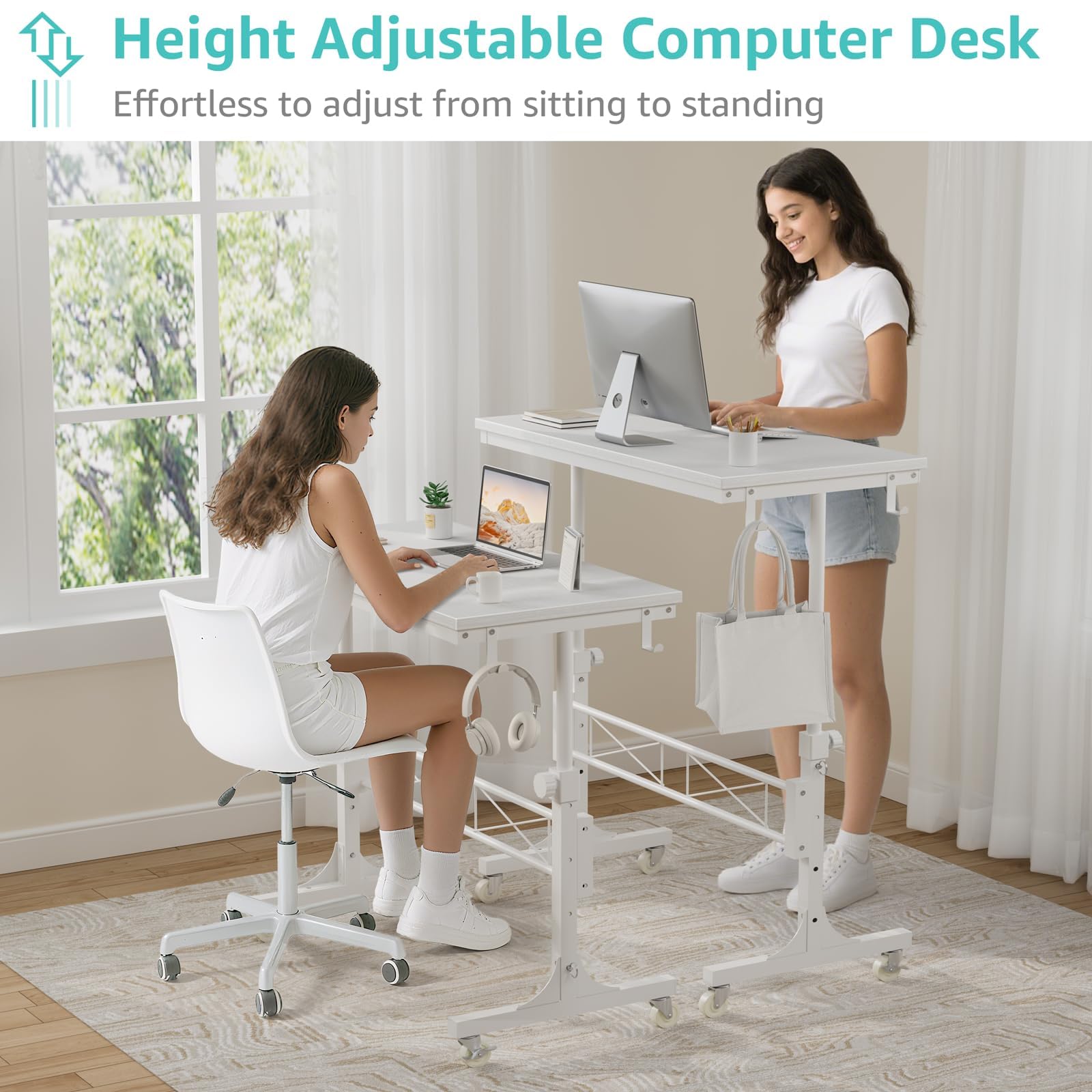 Small Portable Treadmill Walking Pad Desk on Wheels 32 Inch White Adjustable Height Mobile Rolling Standing Teacher Desks — view 5