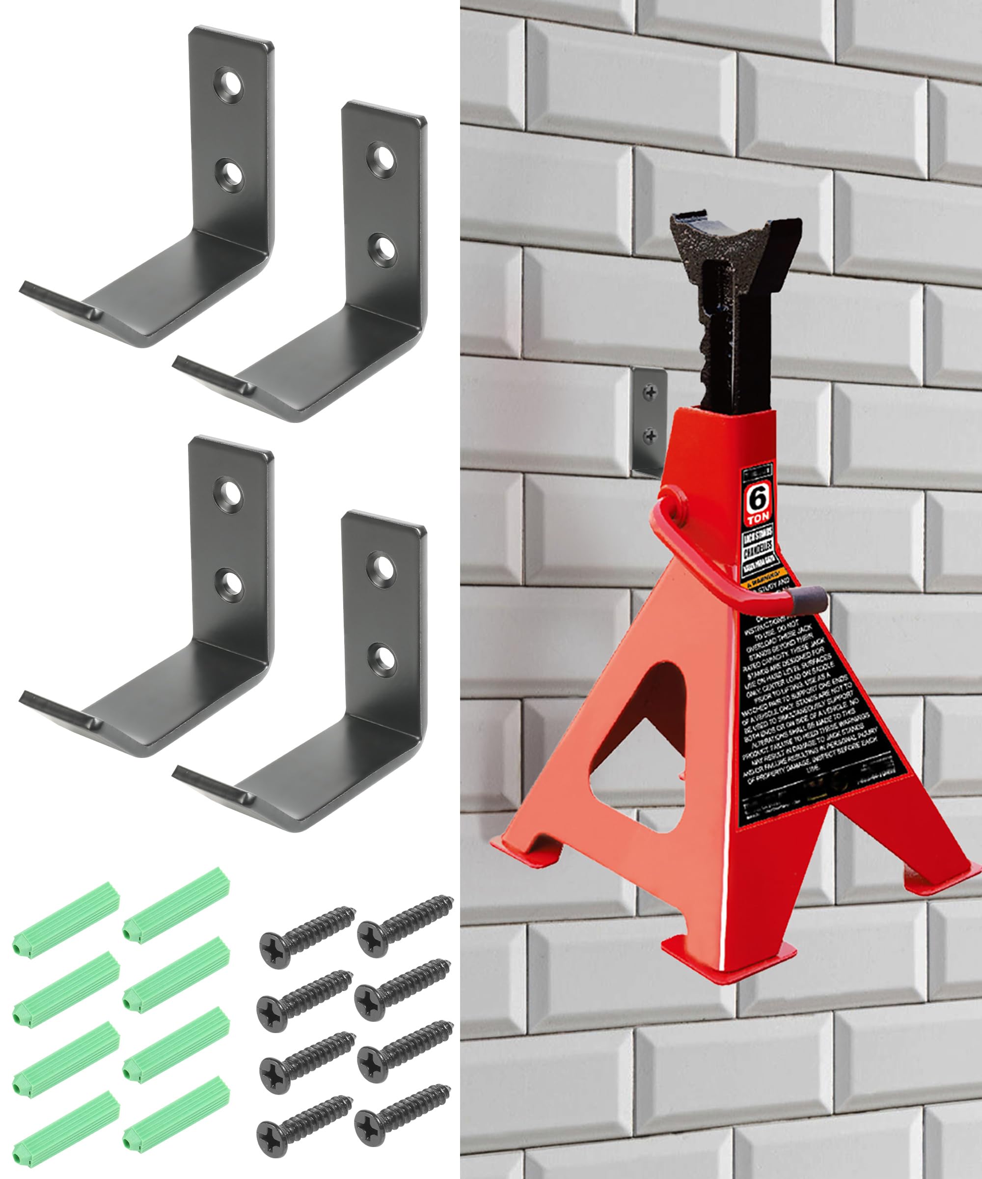 RACOONA 4 Packs Jack Stands Wall Mount Organizer,Heavy Duty Steel Hook,Car Accessories,Double Hole Wall Mount Hook Fits 2&3&4 Ton Jack Stands