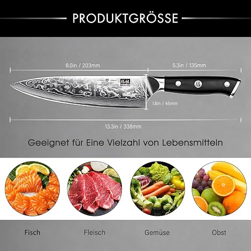 SHAN ZU Chef Knife 8 Inch Japanese Steel Damascus Kitchen Knife, Professional Kitchen Knives Sharp High Carbon Super Steel 67 Layers Kitchen Utility Knife with G10 Handle - 4