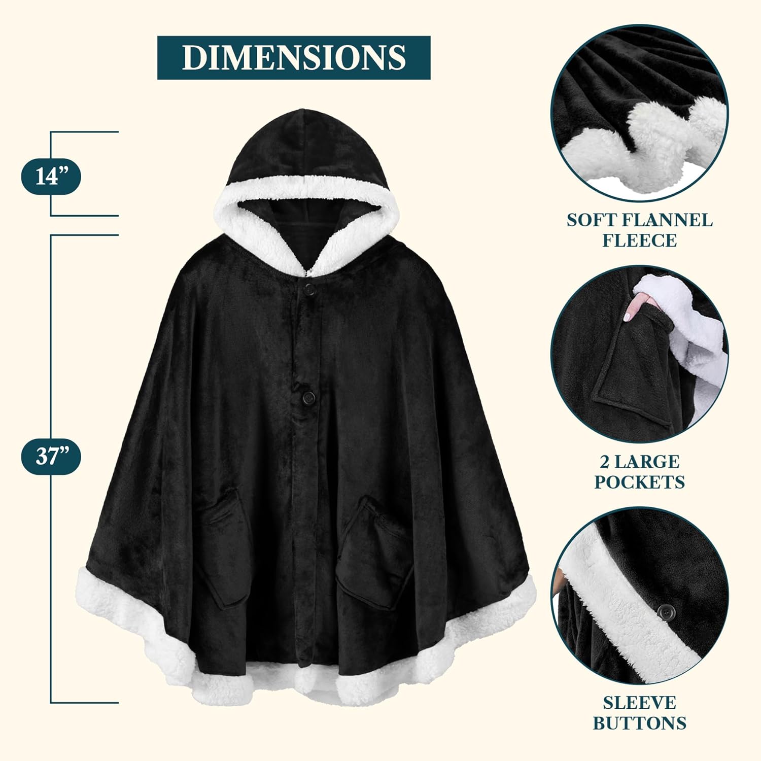 PAVILIA Wearable Blanket for Adult Women, Cozy Plush Fleece Blanket Poncho Cape with Hood, Super Soft Shawl, Angel Wrap Throw for Office, Black - Image 3