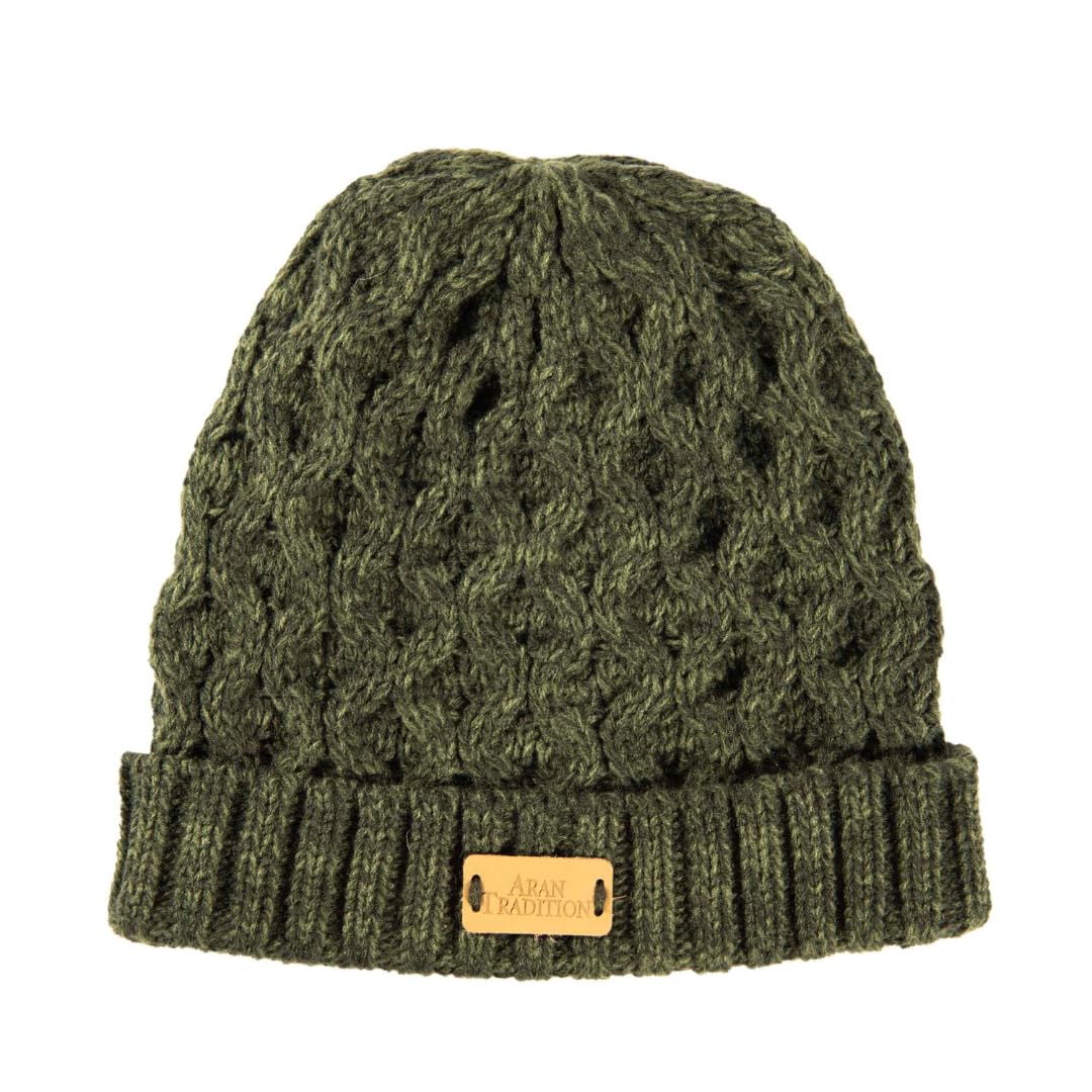 Aran Traditions Dark/Green Aran Cable Knit Beanie Hat