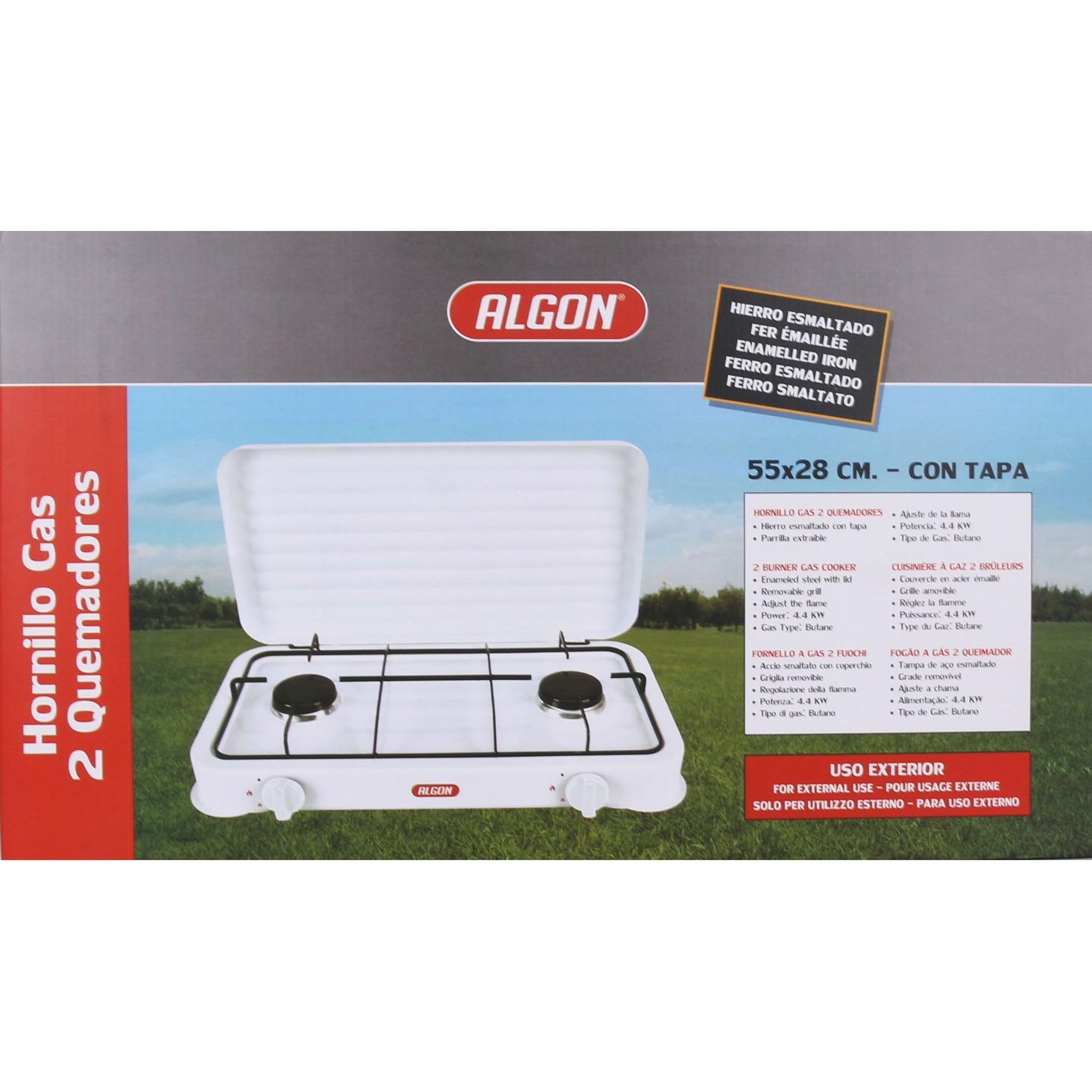 ALGON | Hornillo de Gas 2 Fuegos con Tapa – Hornillo Gas Cocina Portátil para Camping, Emergencias y Hogar